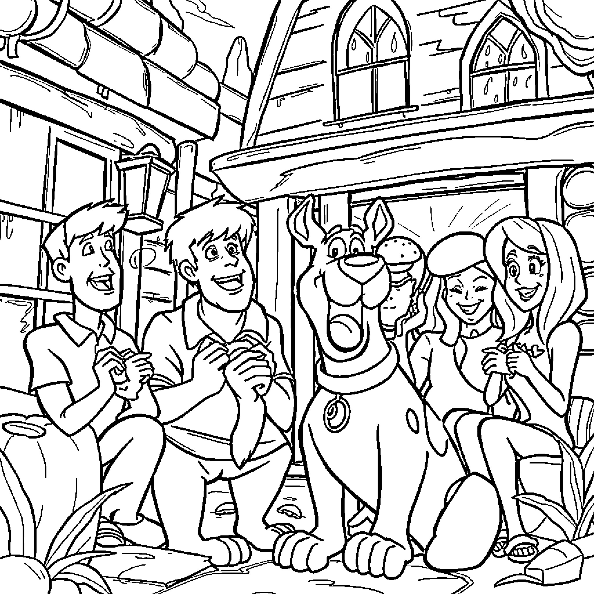 Scooby Doo and the Gang Exploring a Mysterious Location Coloring Page (free black-and-white line drawing printable PDF for all, from beginners to advanced learners, including children, teens, adults, and seniors)