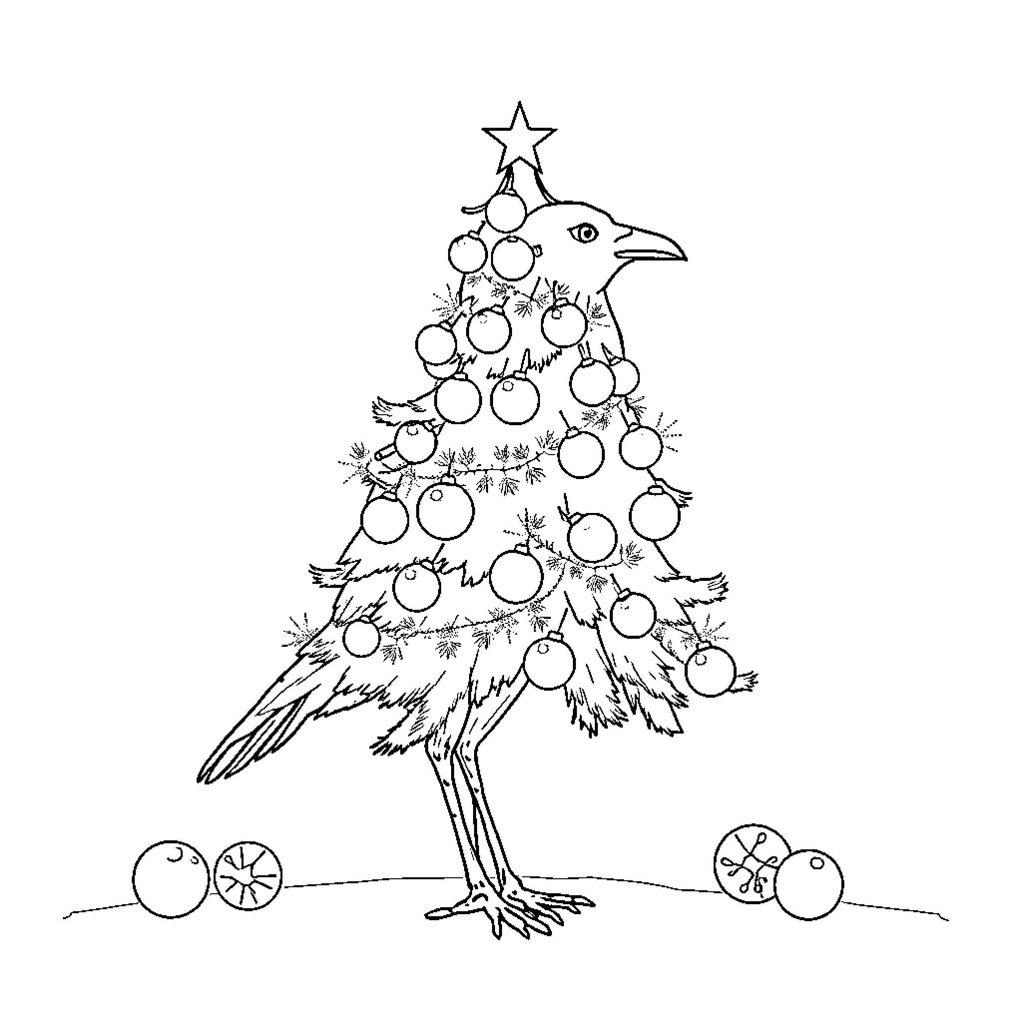 Sapin bird decorating Christmas tree with ornaments Coloring Page (free black-and-white line drawing printable PDF for all, from beginners to advanced learners, including children, teens, adults, and seniors)