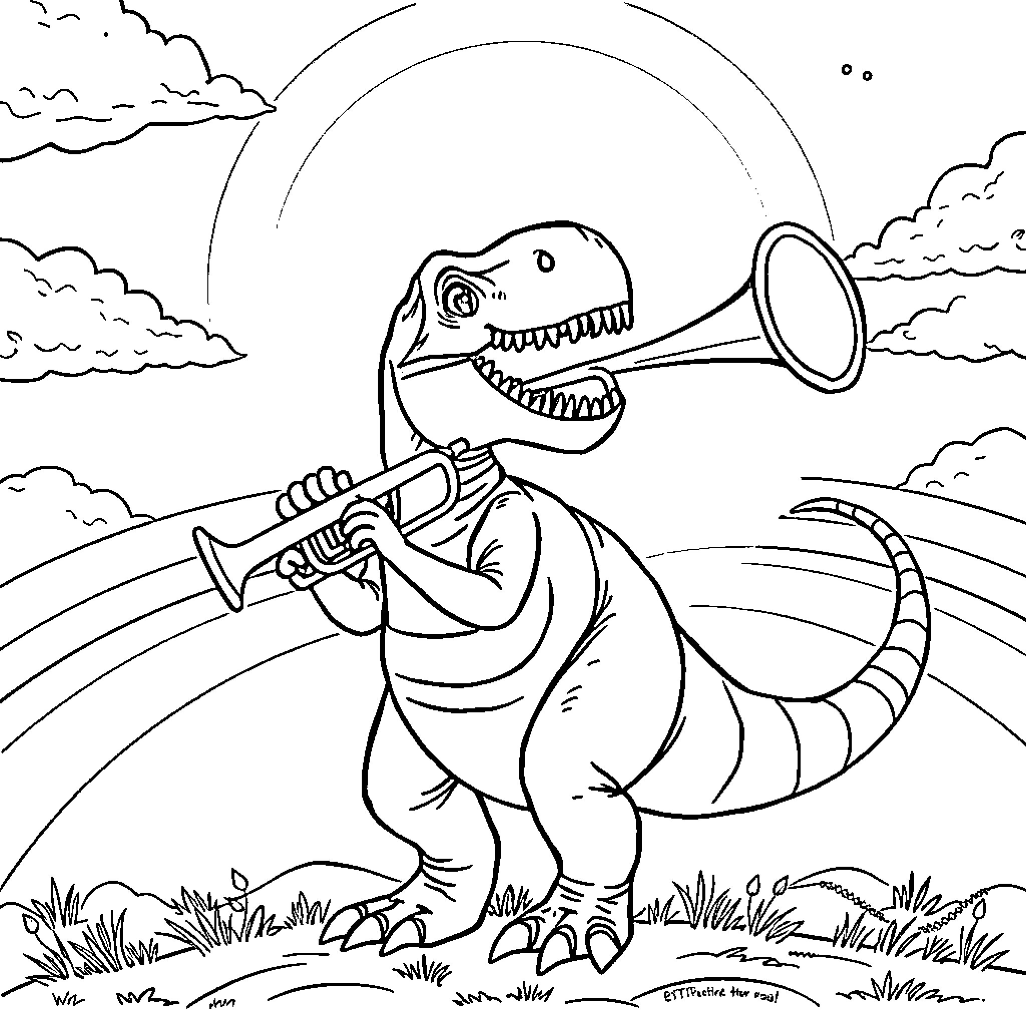 Trex playing trumpet in the wild Coloring Page (free black-and-white line drawing printable PDF for all, from beginners to advanced learners, including children, teens, adults, and seniors)