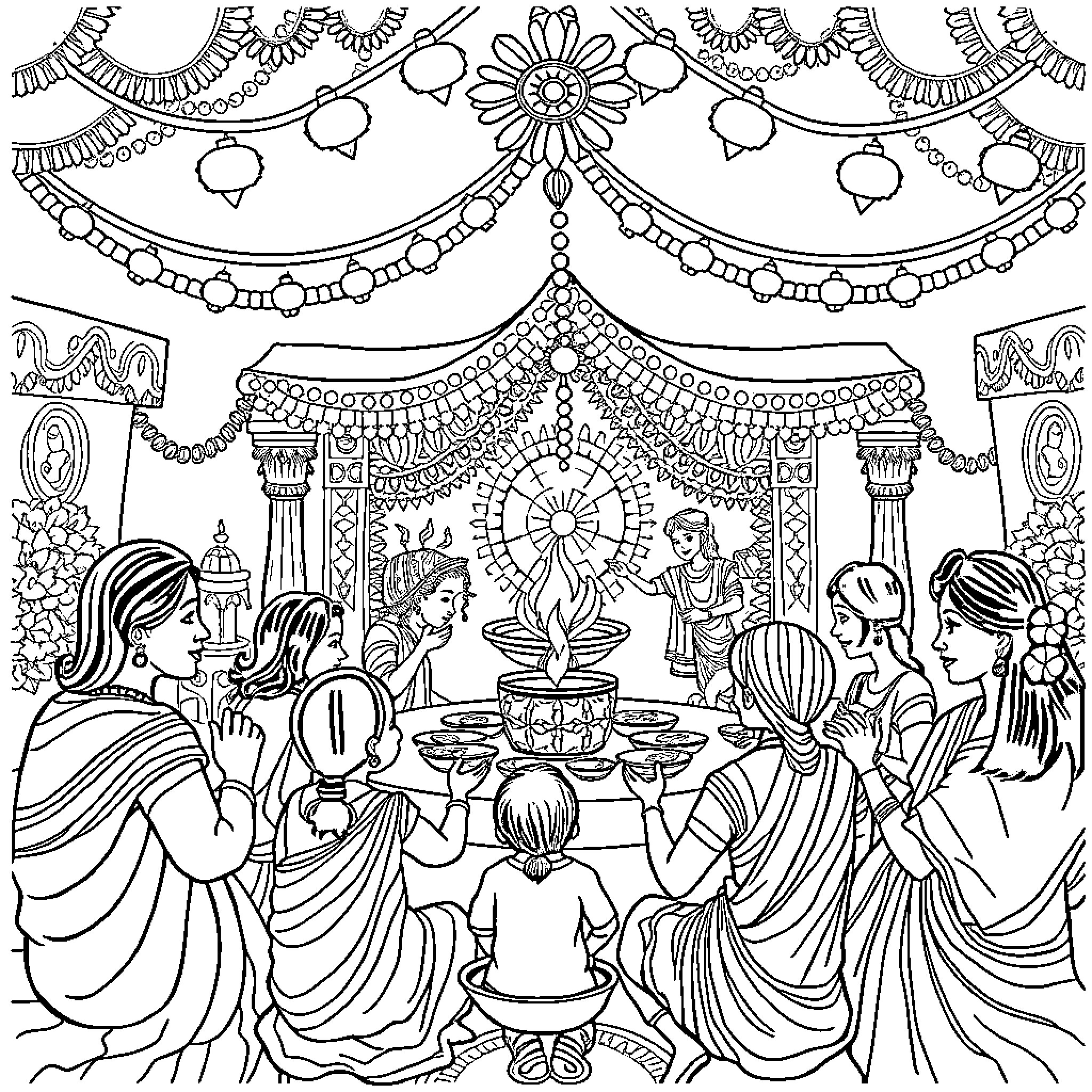 Diwali celebration with traditional decorations and people Coloring Page (free black-and-white line drawing printable PDF for all, from beginners to advanced learners, including children, teens, adults, and seniors)