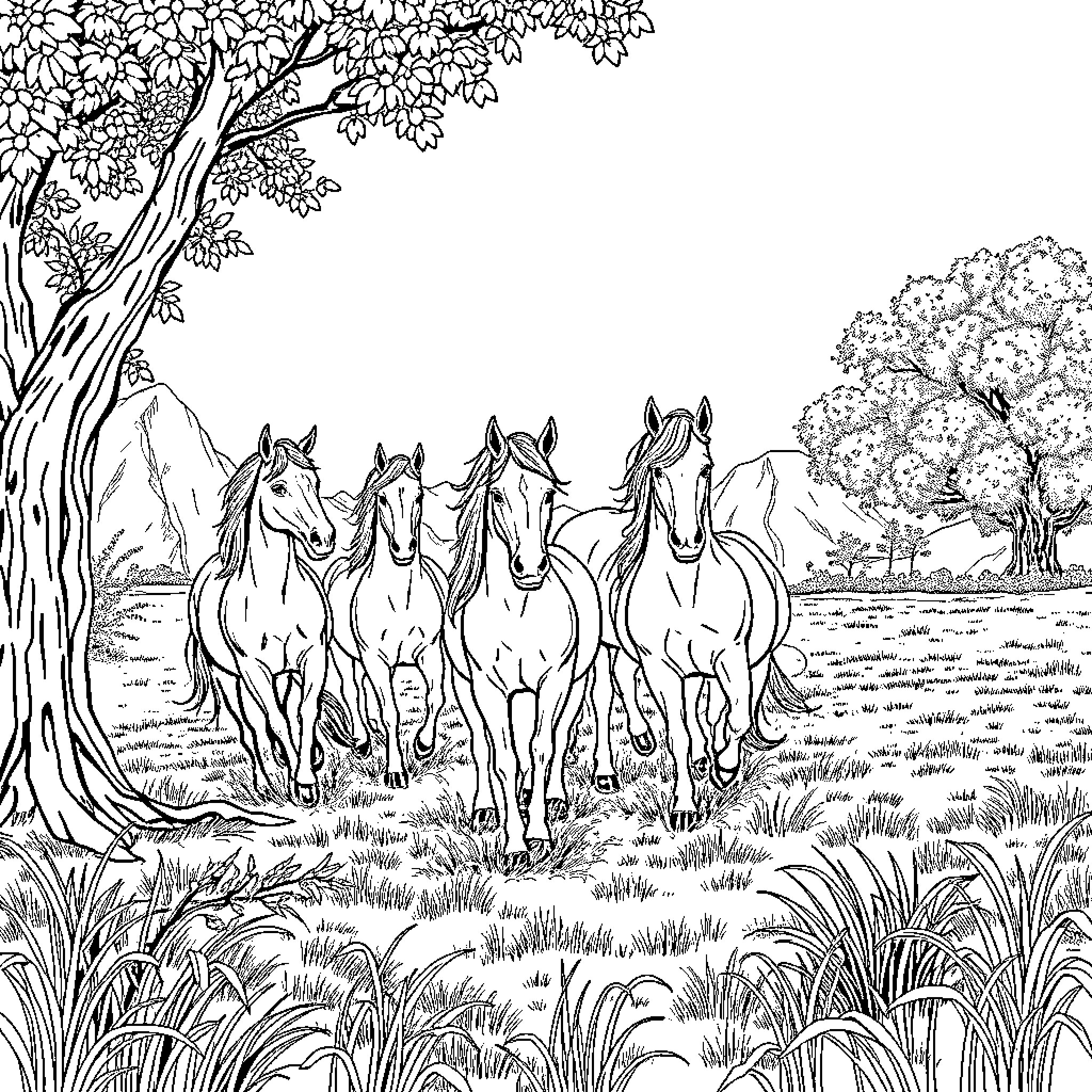Pony herd galloping in lush countryside Coloring Page (free black-and-white line drawing printable PDF for all, from beginners to advanced learners, including children, teens, adults, and seniors)