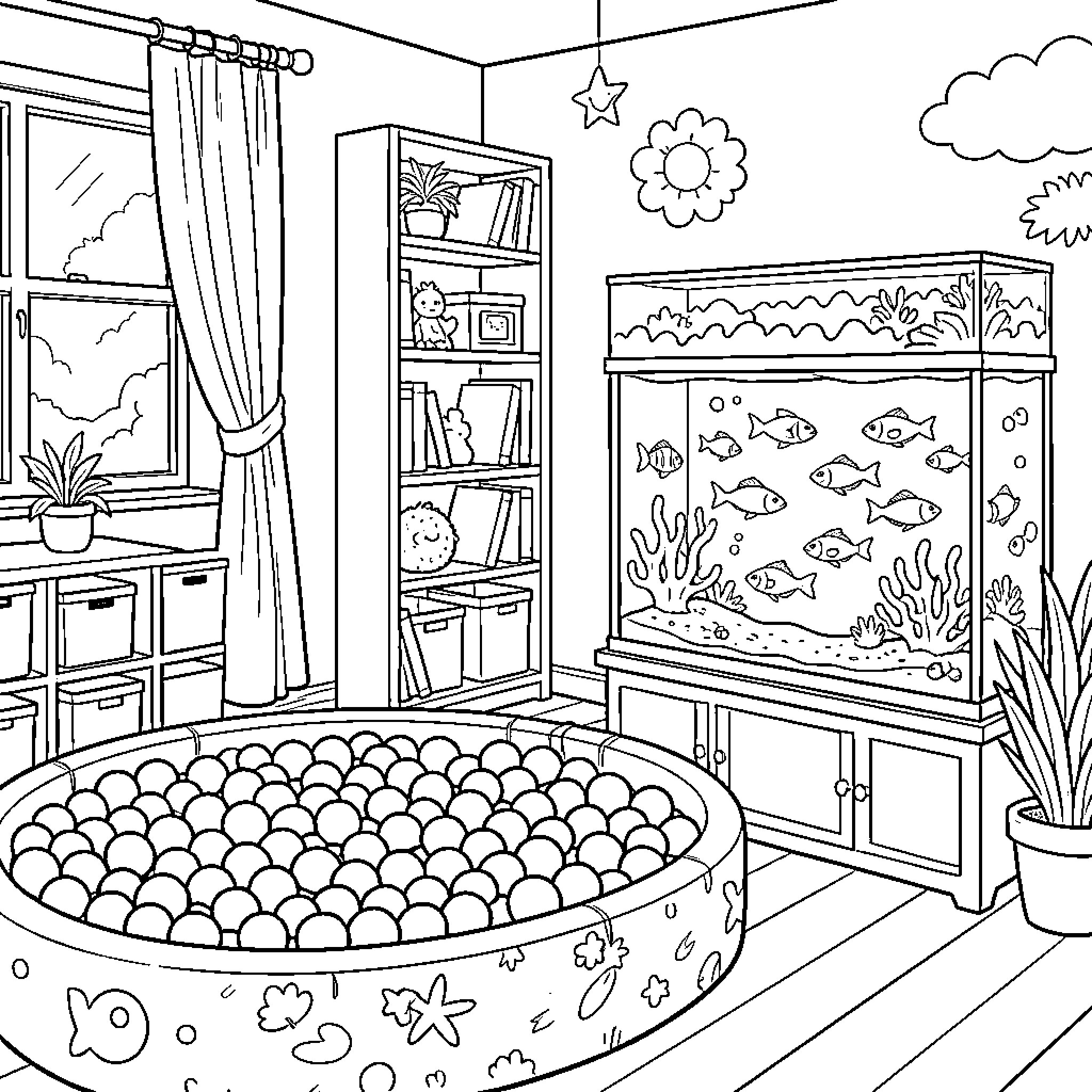 House with Aquarium and Cozy Living Room Coloring Page (free black-and-white line drawing printable PDF for all, from beginners to advanced learners, including children, teens, adults, and seniors)