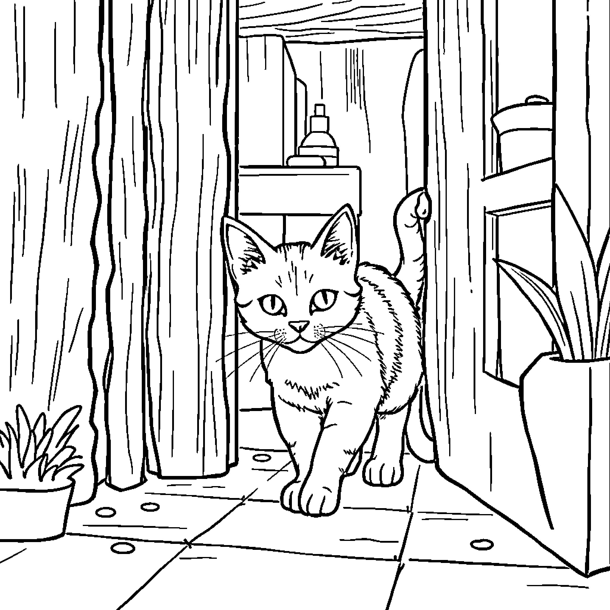 Gato exploring a mysterious interior Coloring Page (free black-and-white line drawing printable PDF for all, from beginners to advanced learners, including children, teens, adults, and seniors)