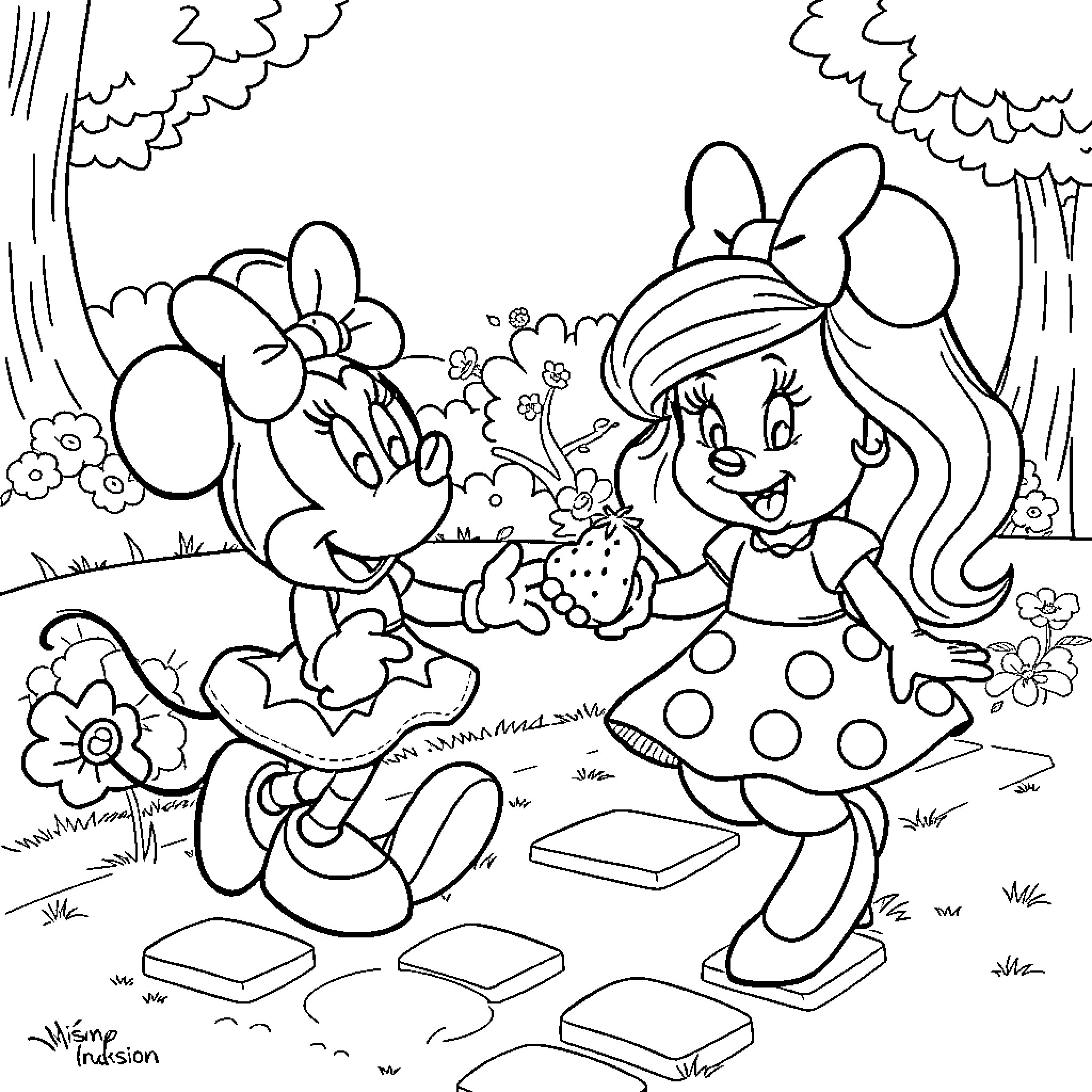 Strawberry Friends Sharing a Picnic in the Park Coloring Page (free black-and-white line drawing printable PDF for all, from beginners to advanced learners, including children, teens, adults, and seniors)