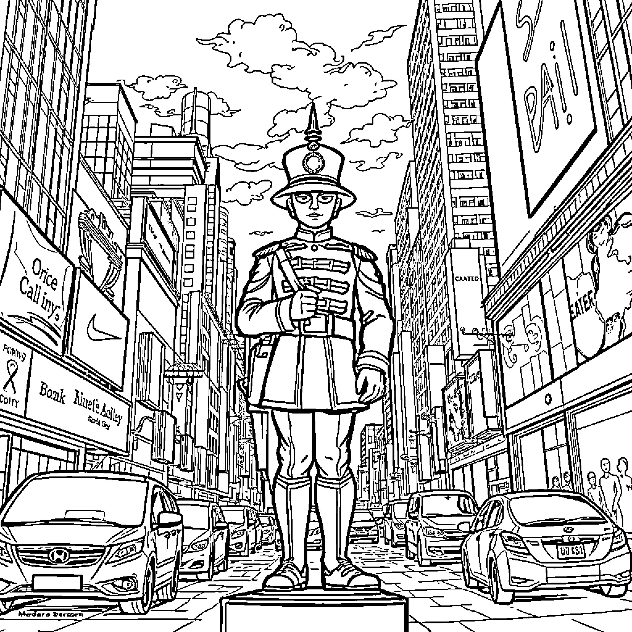 Sentry guarding the bustling city streets Coloring Page (free black-and-white line drawing printable PDF for all, from beginners to advanced learners, including children, teens, adults, and seniors)
