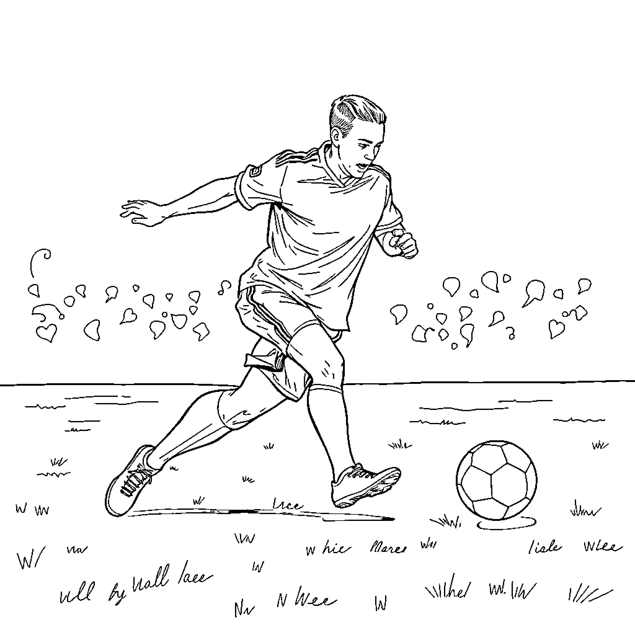 Chuck Liddell kicking soccer ball on field Coloring Page (free black-and-white line drawing printable PDF for all, from beginners to advanced learners, including children, teens, adults, and seniors)
