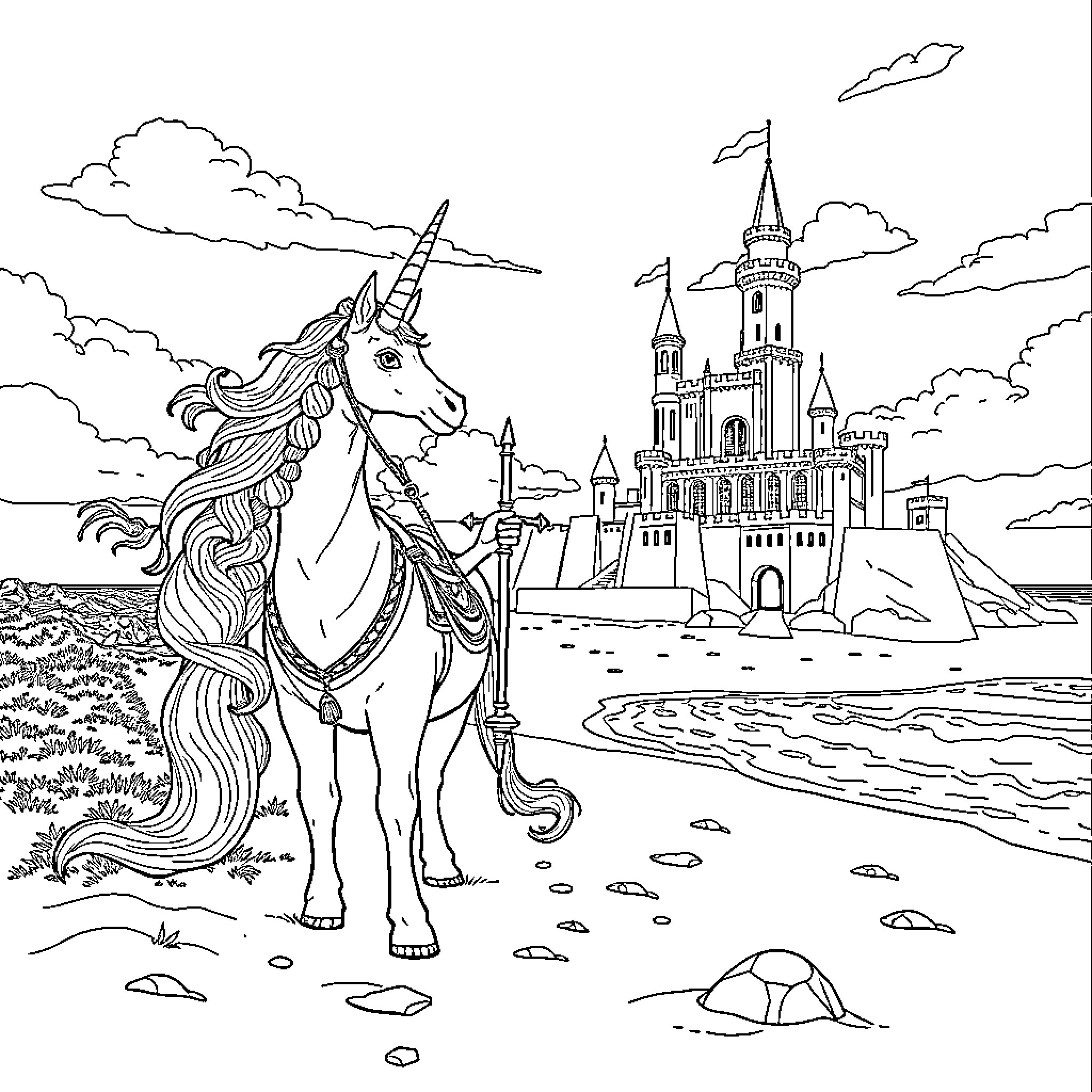 Sinamorol's Magical Journey to the Enchanted Castle Coloring Page (free black-and-white line drawing printable PDF for all, from beginners to advanced learners, including children, teens, adults, and seniors)
