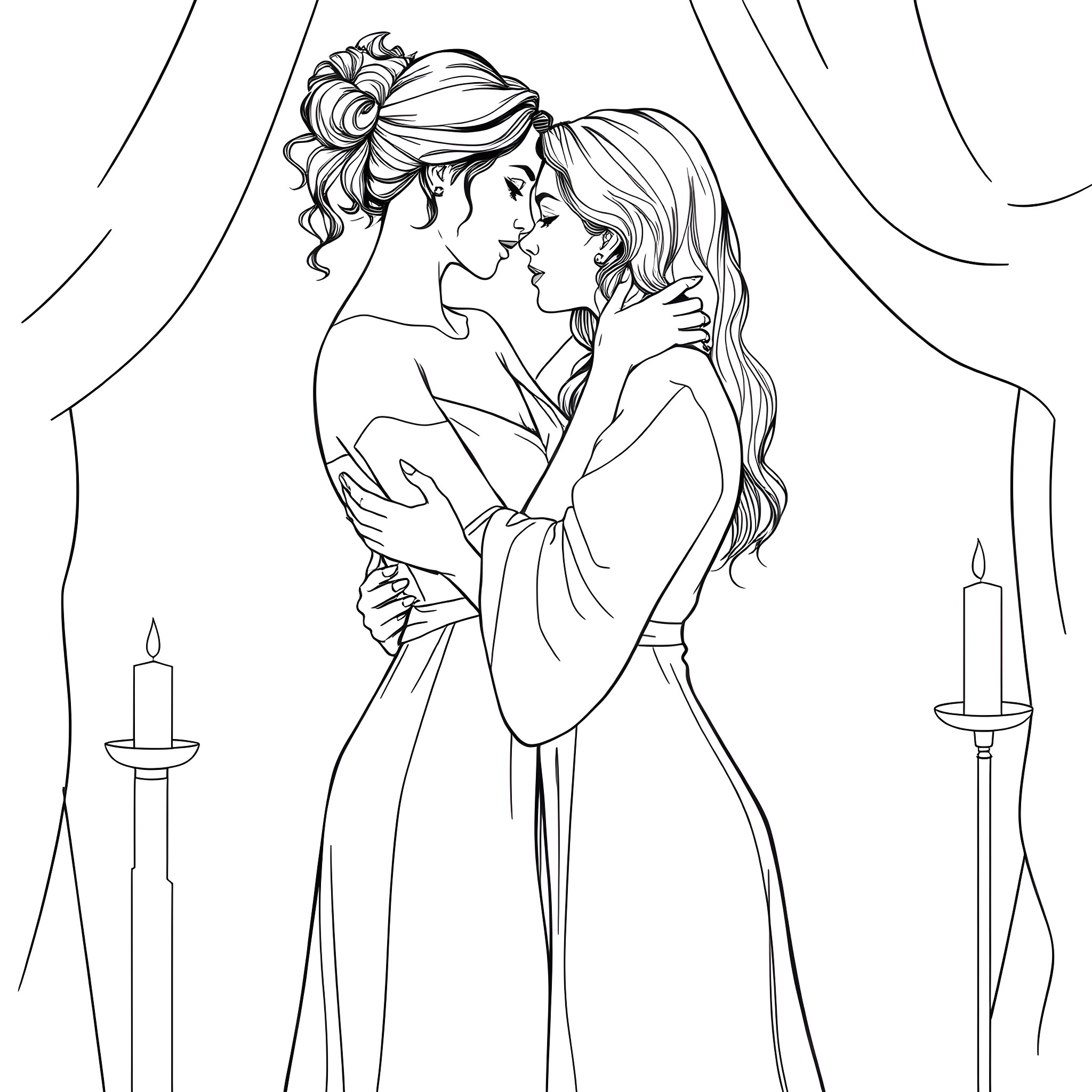 Lesbian lovers intimate embrace in bedroom Coloring Page (free black-and-white line drawing printable PDF for all, from beginners to advanced learners, including children, teens, adults, and seniors)