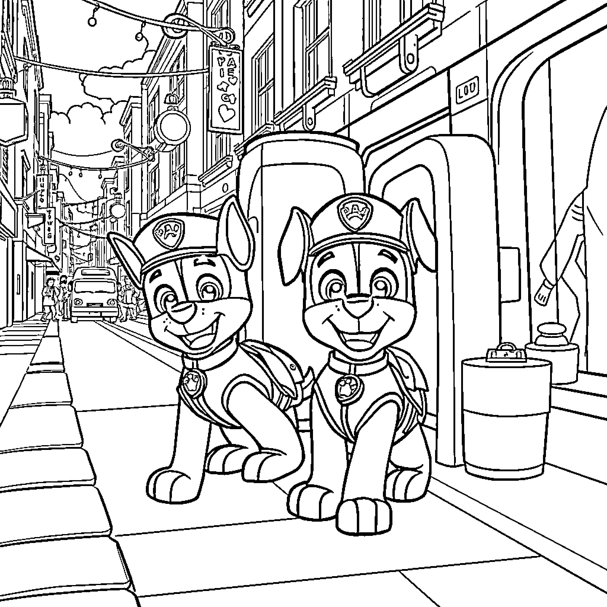 Paw Patrol Pups Exploring the City Street Coloring Page (free black-and-white line drawing printable PDF for all, from beginners to advanced learners, including children, teens, adults, and seniors)