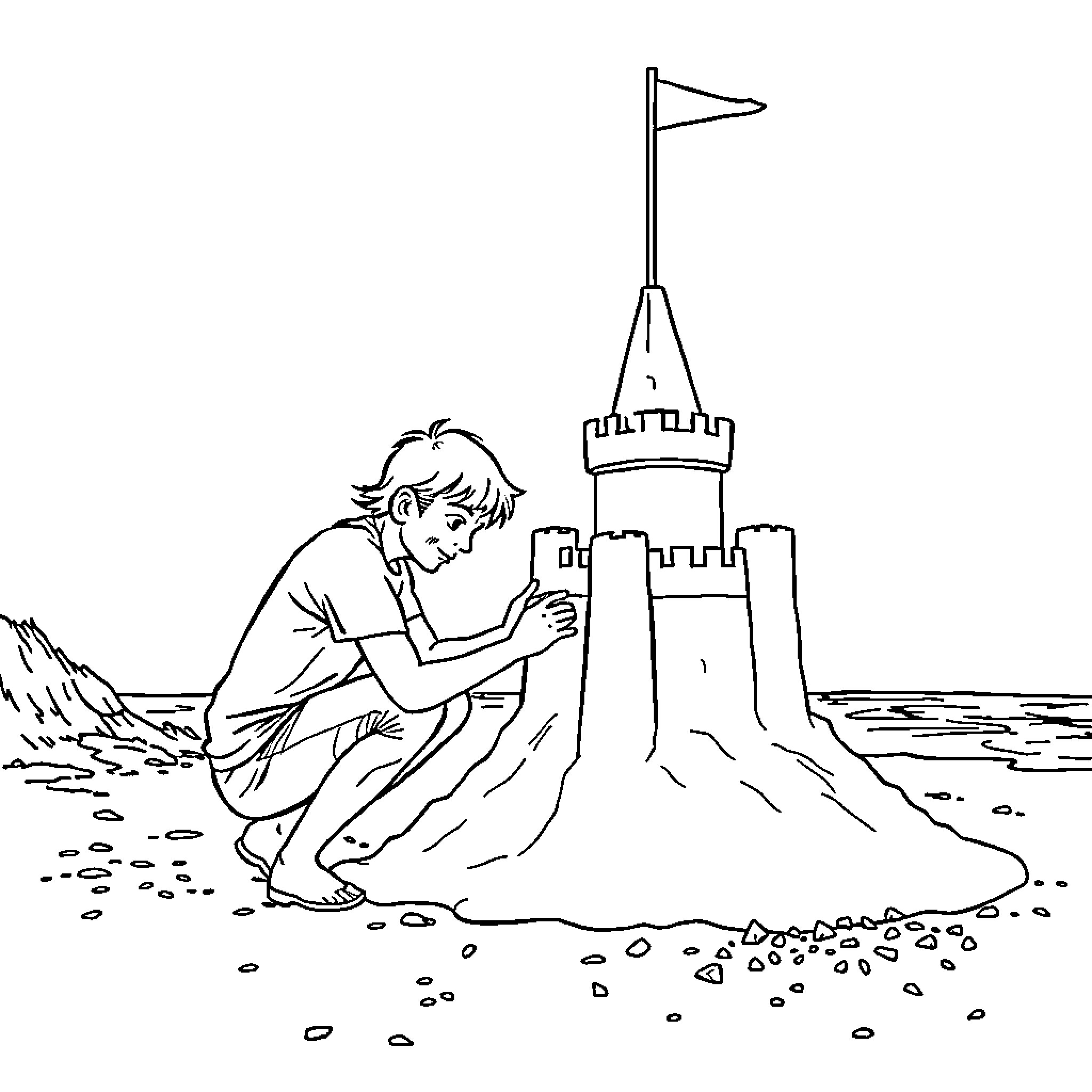 Terry McLaurin building a sandcastle on the beach Coloring Page (free black-and-white line drawing printable PDF for all, from beginners to advanced learners, including children, teens, adults, and seniors)