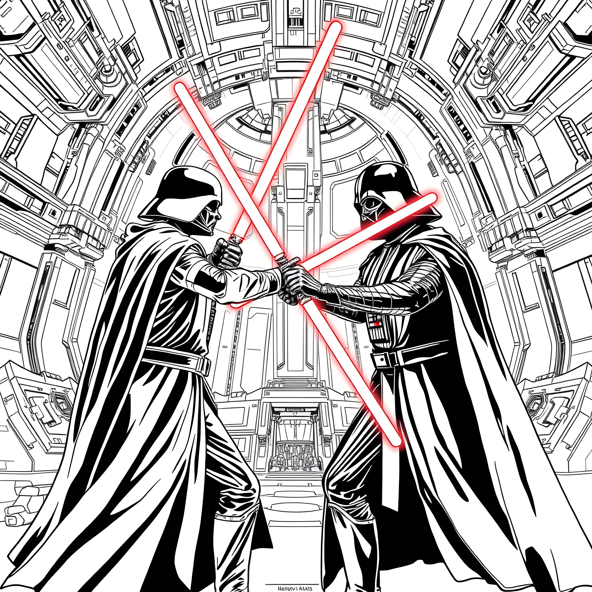 Revan Confronted by Dark Jedi in Epic Lightsaber Duel Coloring Page (free black-and-white line drawing printable PDF for all, from beginners to advanced learners, including children, teens, adults, and seniors)