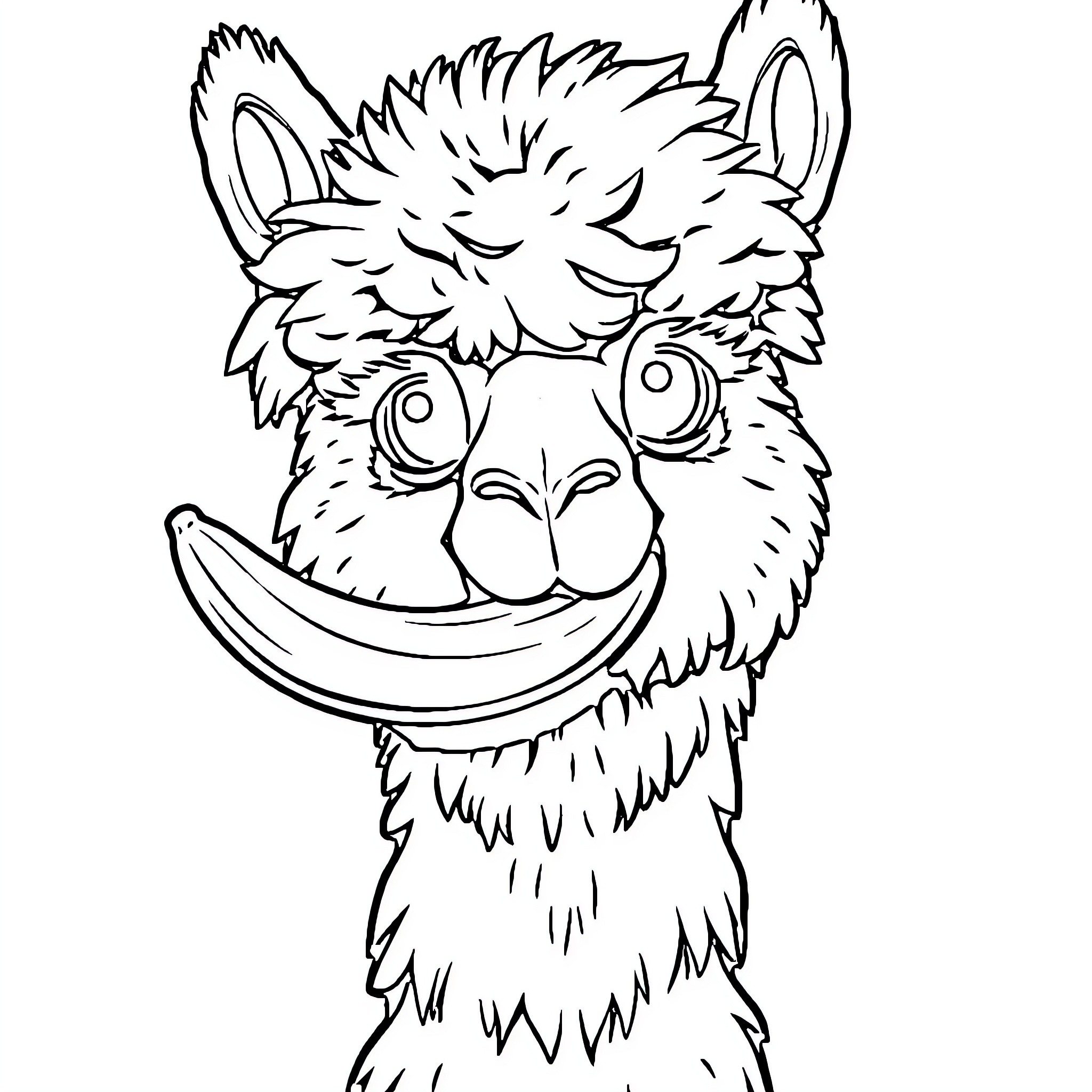 Llama with silly expression holding a banana Coloring Page (free black-and-white line drawing printable PDF for all, from beginners to advanced learners, including children, teens, adults, and seniors)