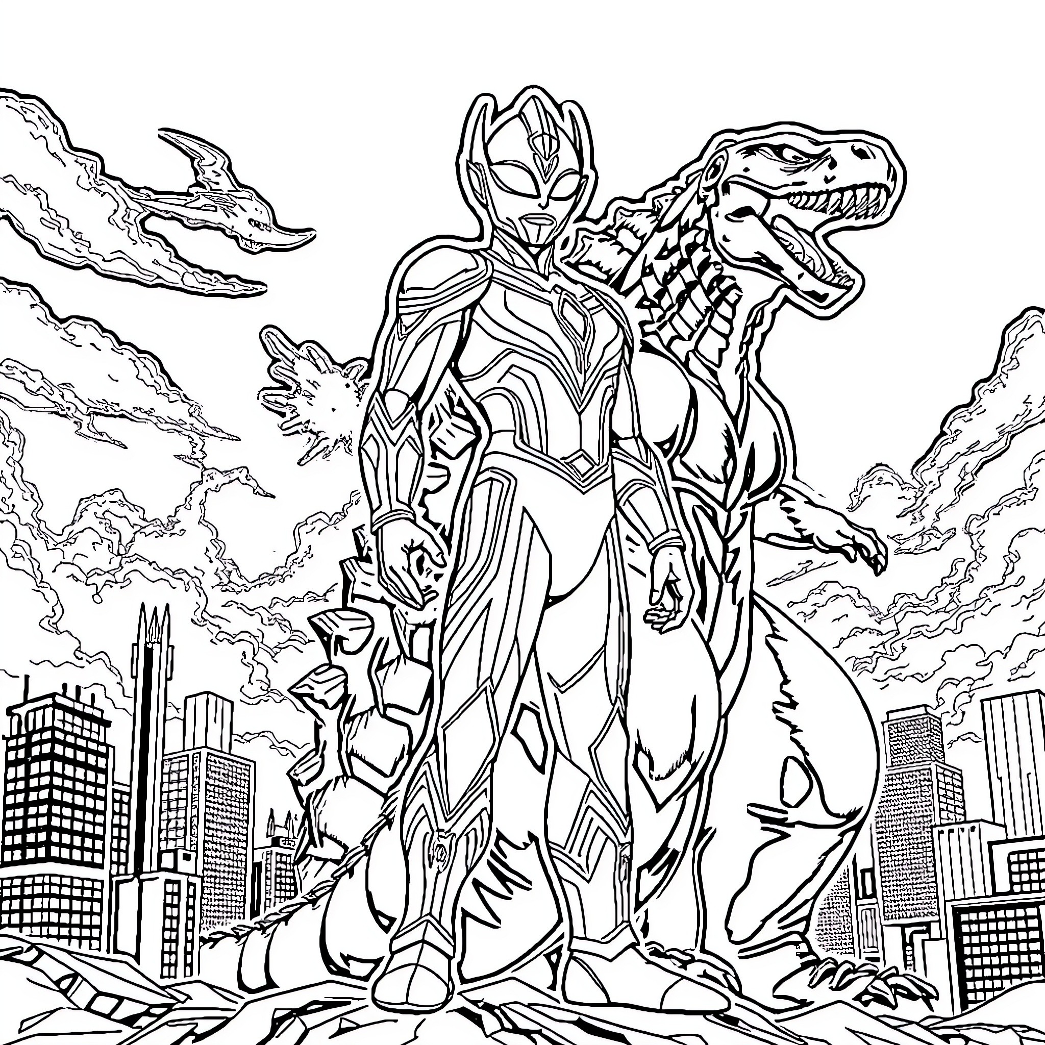 Ultraman battling a monstrous creature in a city Coloring Page (free black-and-white line drawing printable PDF for all, from beginners to advanced learners, including children, teens, adults, and seniors)