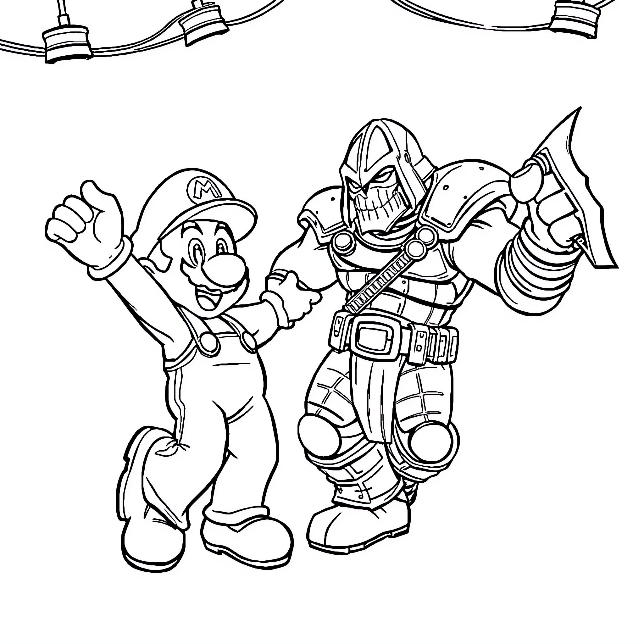 Mario and Metal Warrior in Playful Encounter Coloring Page (free black-and-white line drawing printable PDF for all, from beginners to advanced learners, including children, teens, adults, and seniors)