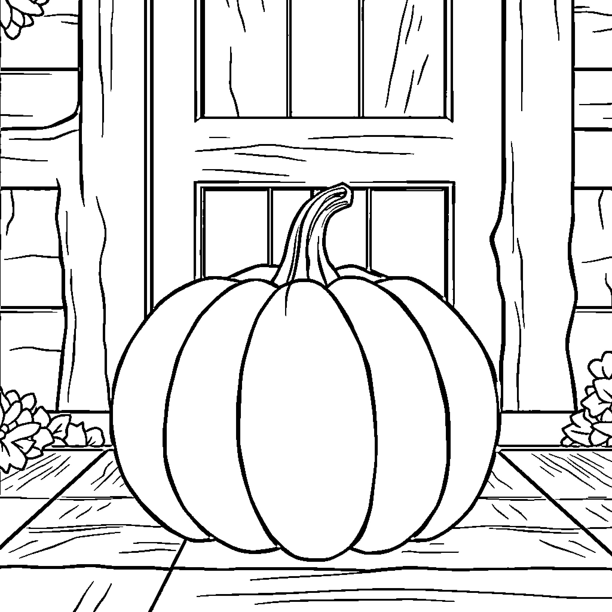 Pumpkin on a wooden porch Coloring Page (free black-and-white line drawing printable PDF for all, from beginners to advanced learners, including children, teens, adults, and seniors)