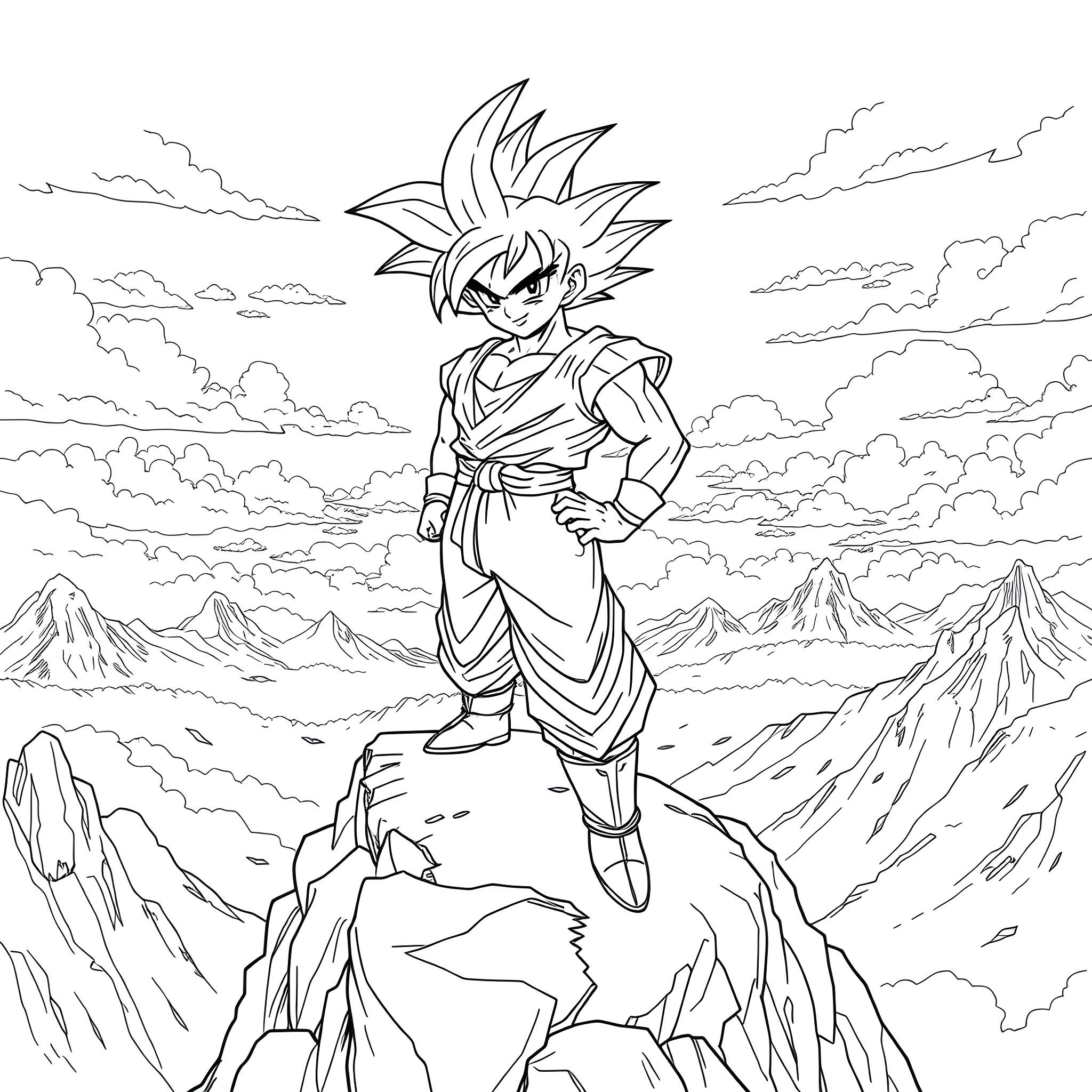 Goku standing powerfully on a rocky mountain Coloring Page (free black-and-white line drawing printable PDF for all, from beginners to advanced learners, including children, teens, adults, and seniors)