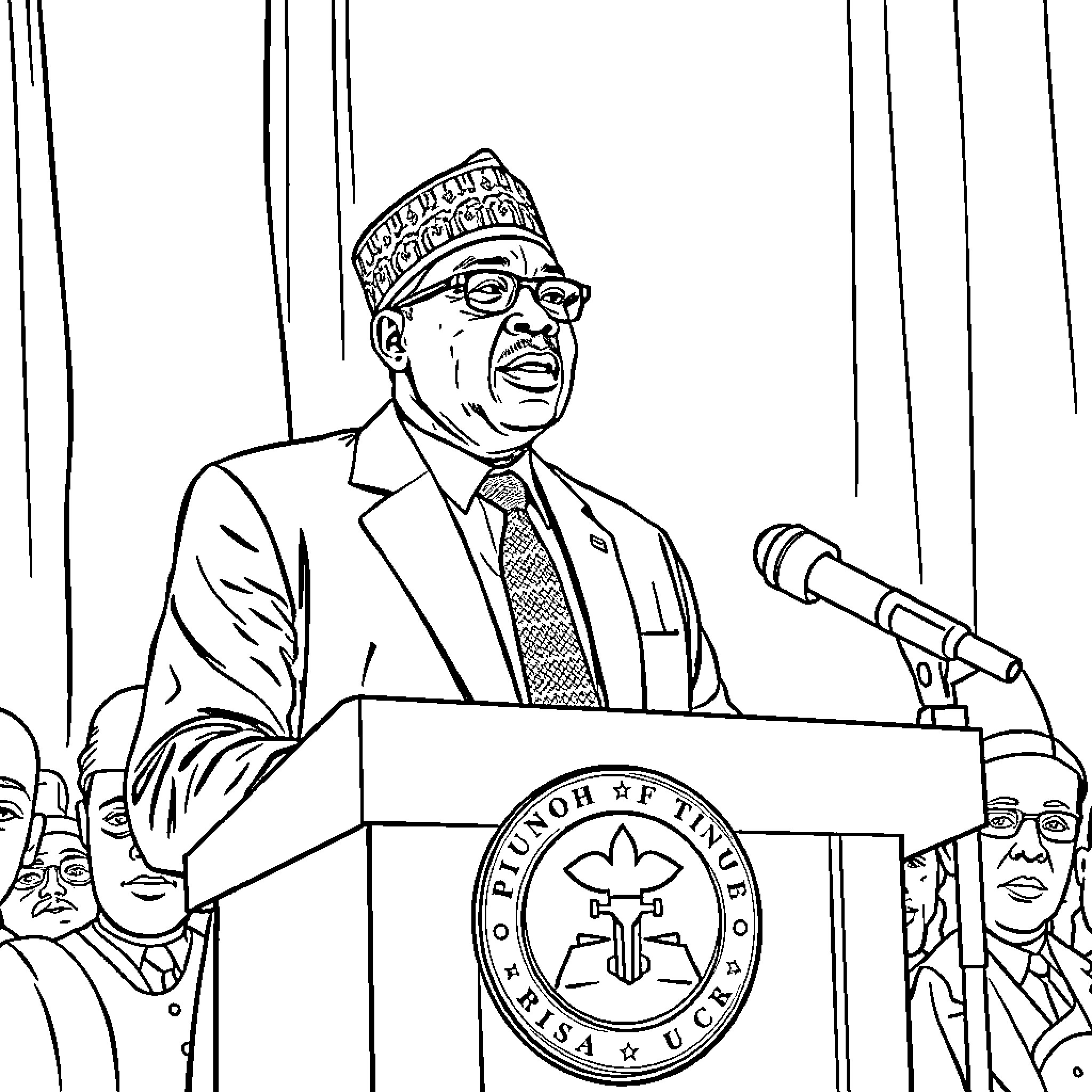 President delivering speech at podium Coloring Page (free black-and-white line drawing printable PDF for all, from beginners to advanced learners, including children, teens, adults, and seniors)