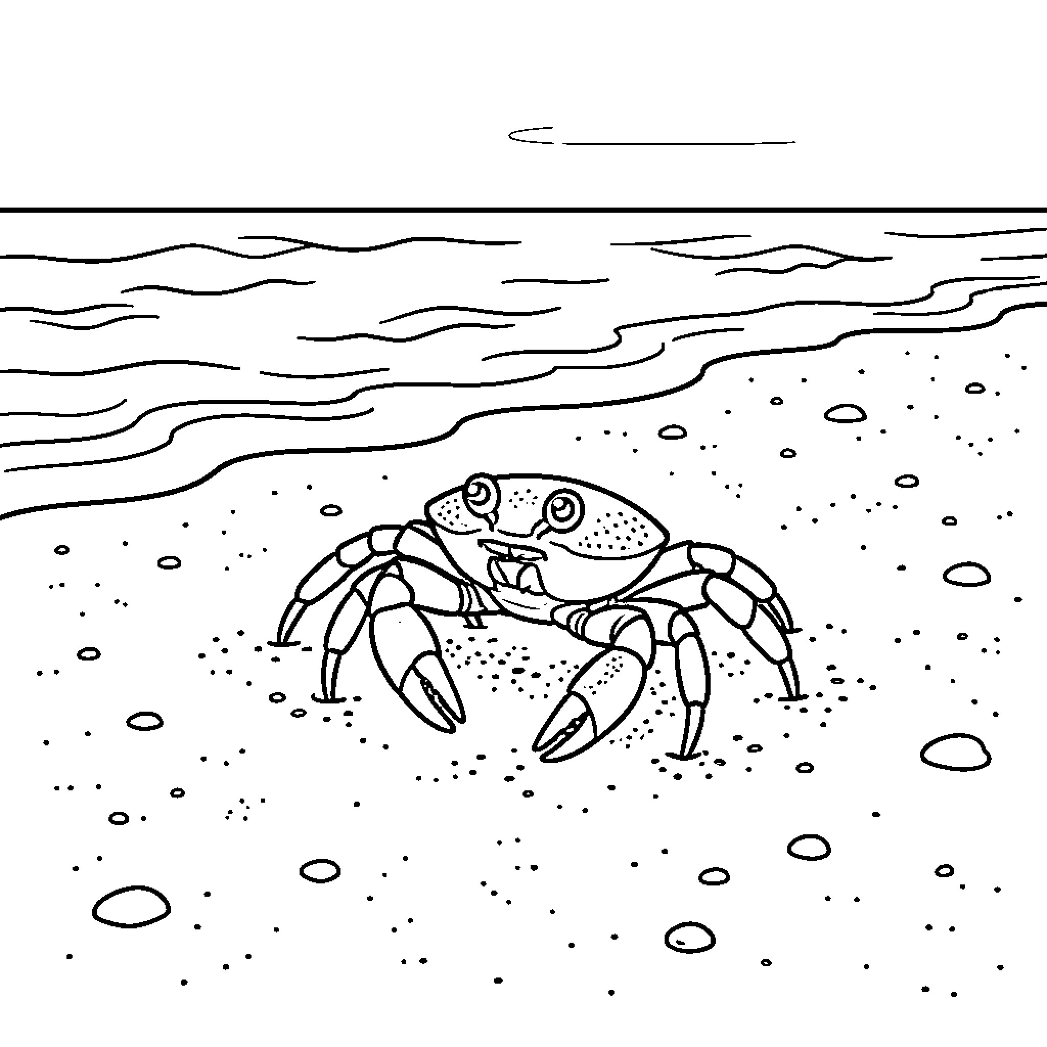 Crab crawling along the sandy seafloor Coloring Page (free black-and-white line drawing printable PDF for all, from beginners to advanced learners, including children, teens, adults, and seniors)