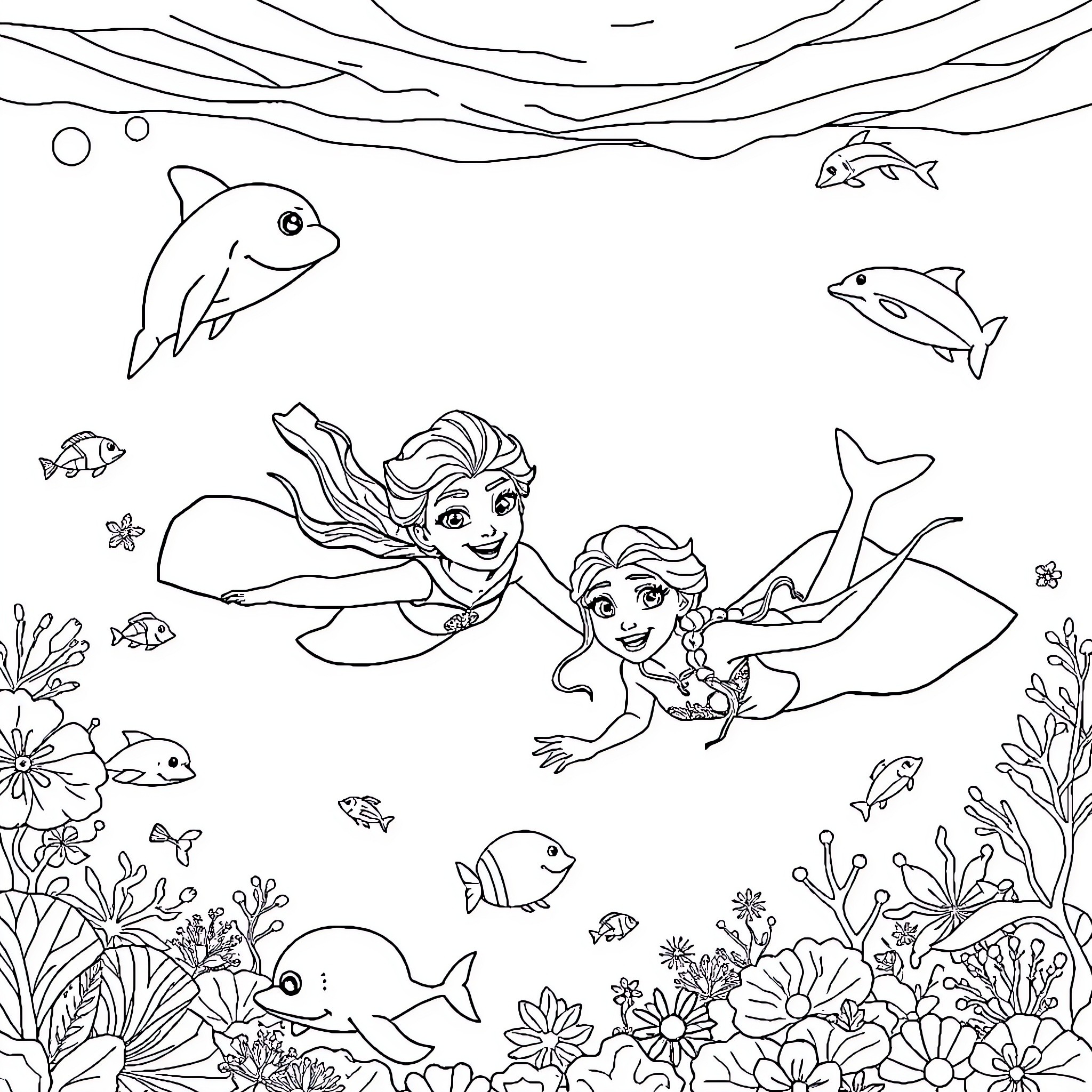 Elsa and Anna explore the underwater world Coloring Page (free black-and-white line drawing printable PDF for all, from beginners to advanced learners, including children, teens, adults, and seniors)