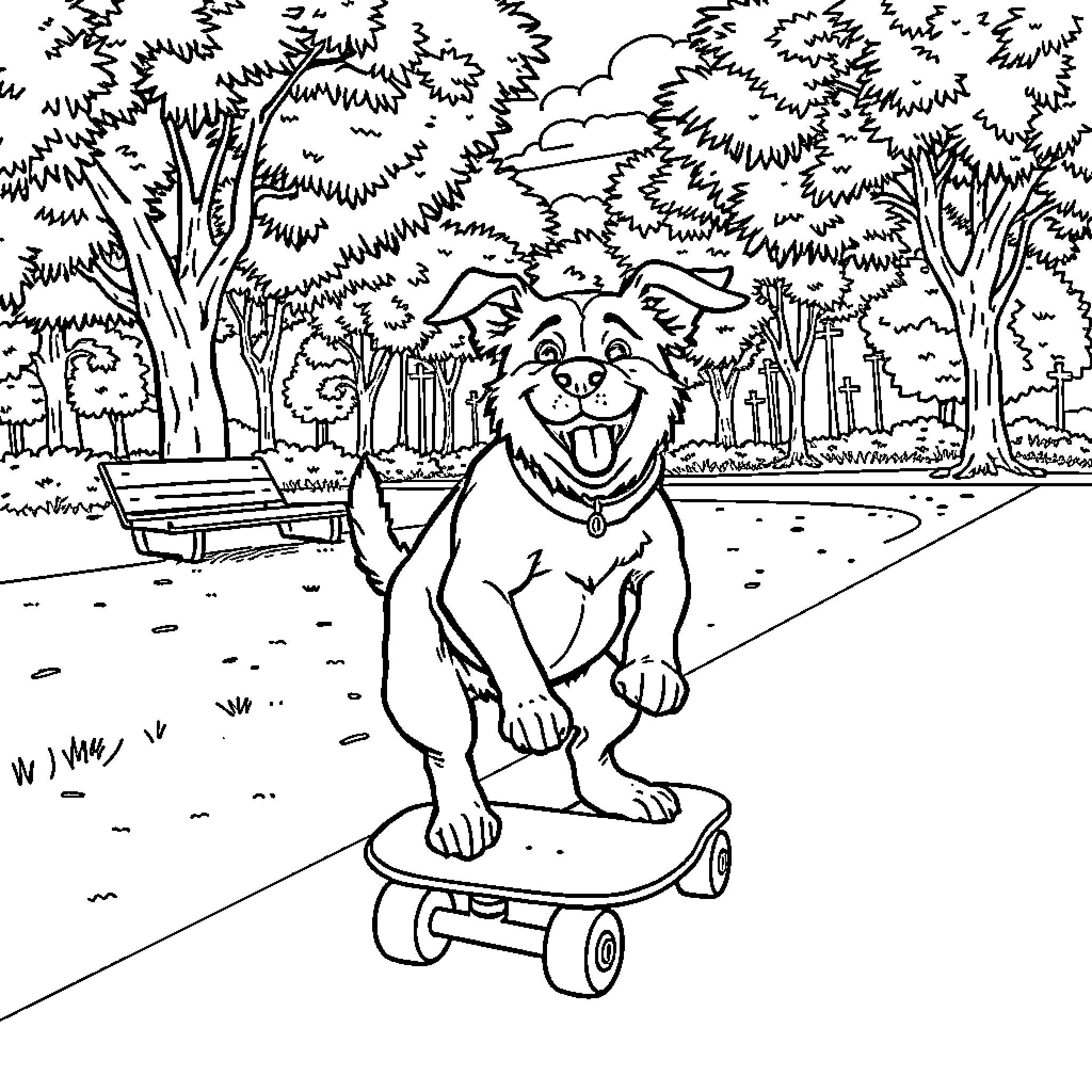 Dog riding skateboard in park Coloring Page (free black-and-white line drawing printable PDF for all, from beginners to advanced learners, including children, teens, adults, and seniors)