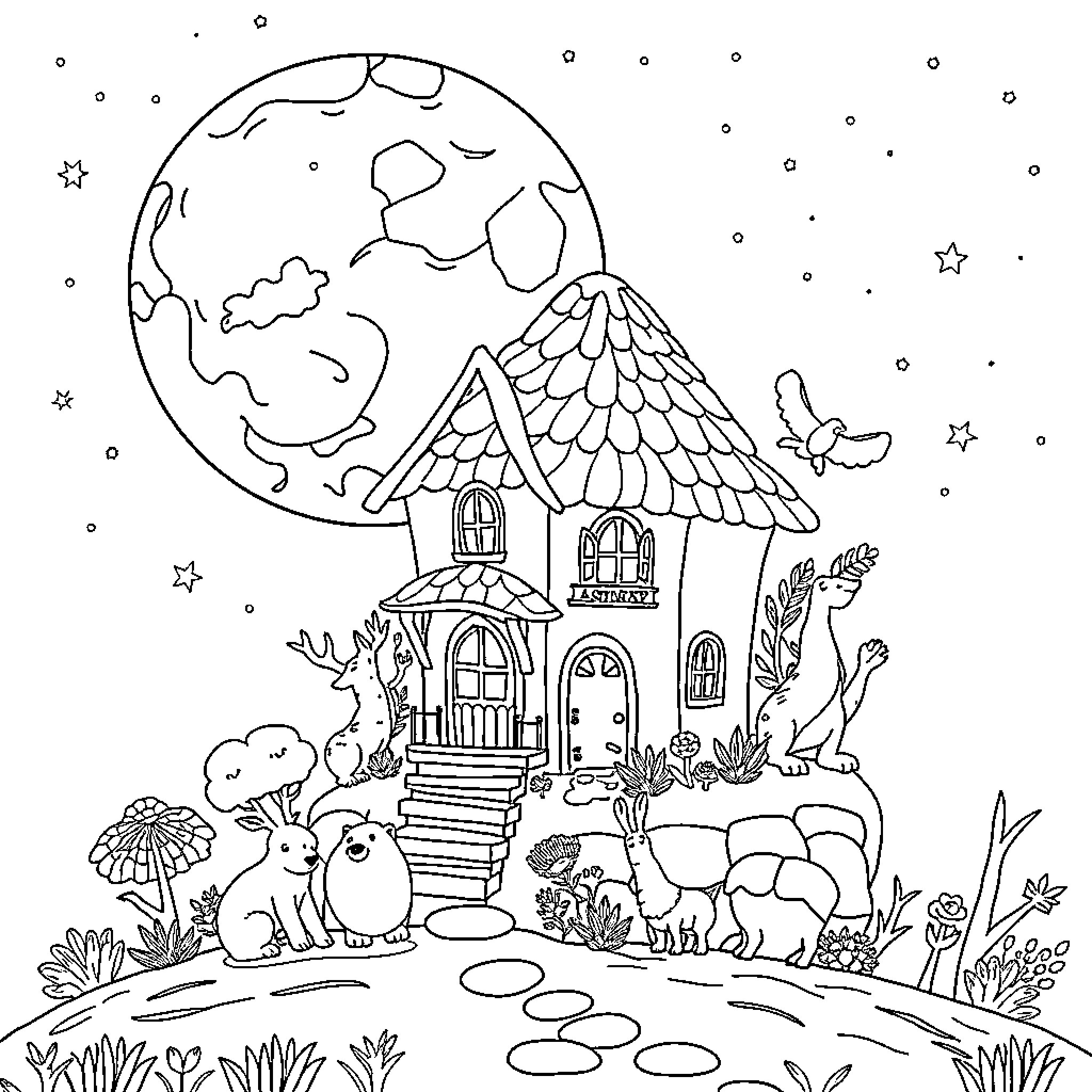 House with Magical Creatures in Moonlit Landscape Coloring Page (free black-and-white line drawing printable PDF for all, from beginners to advanced learners, including children, teens, adults, and seniors)