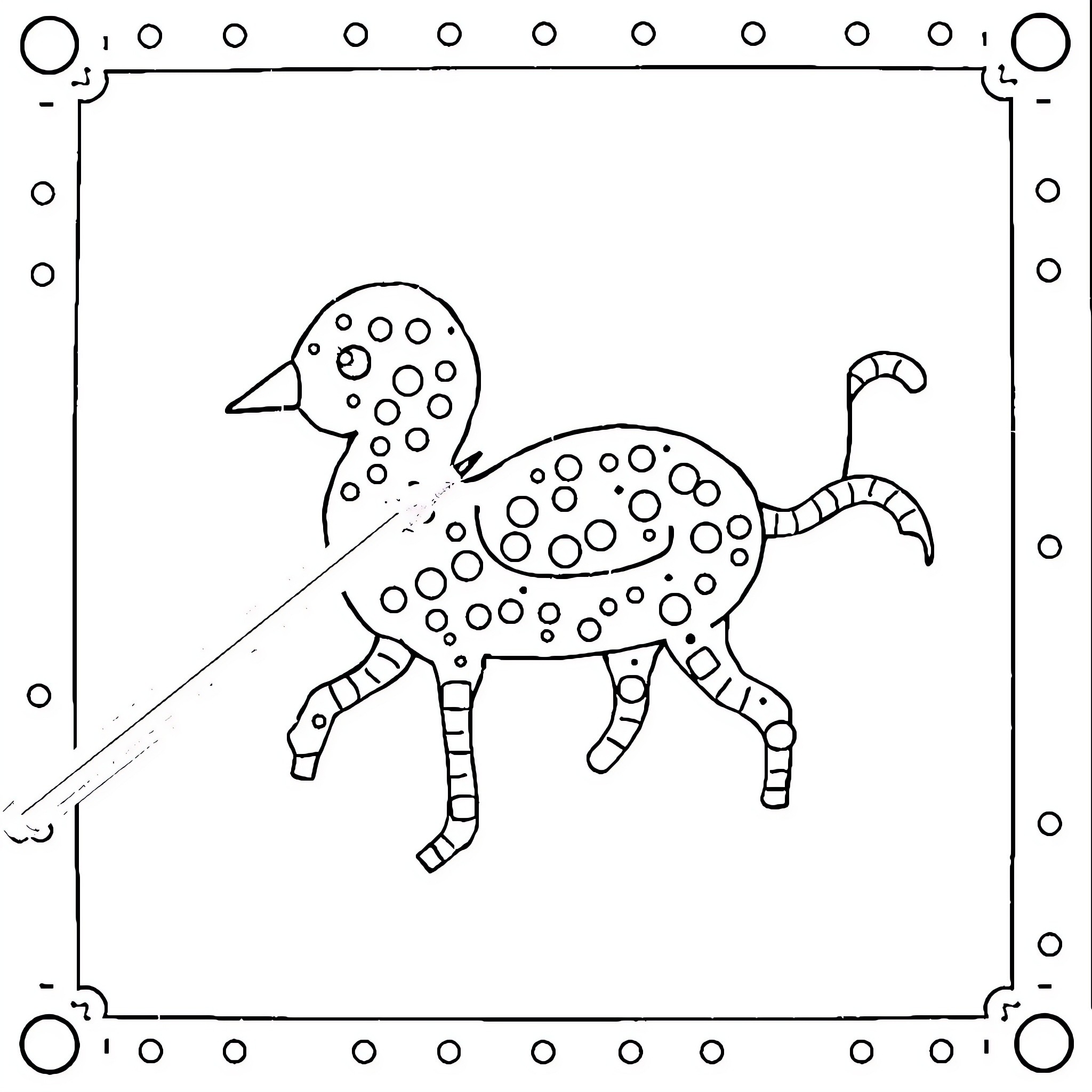 Dot-themed Whimsical Creature in Frame Coloring Page (free black-and-white line drawing printable PDF for all, from beginners to advanced learners, including children, teens, adults, and seniors)