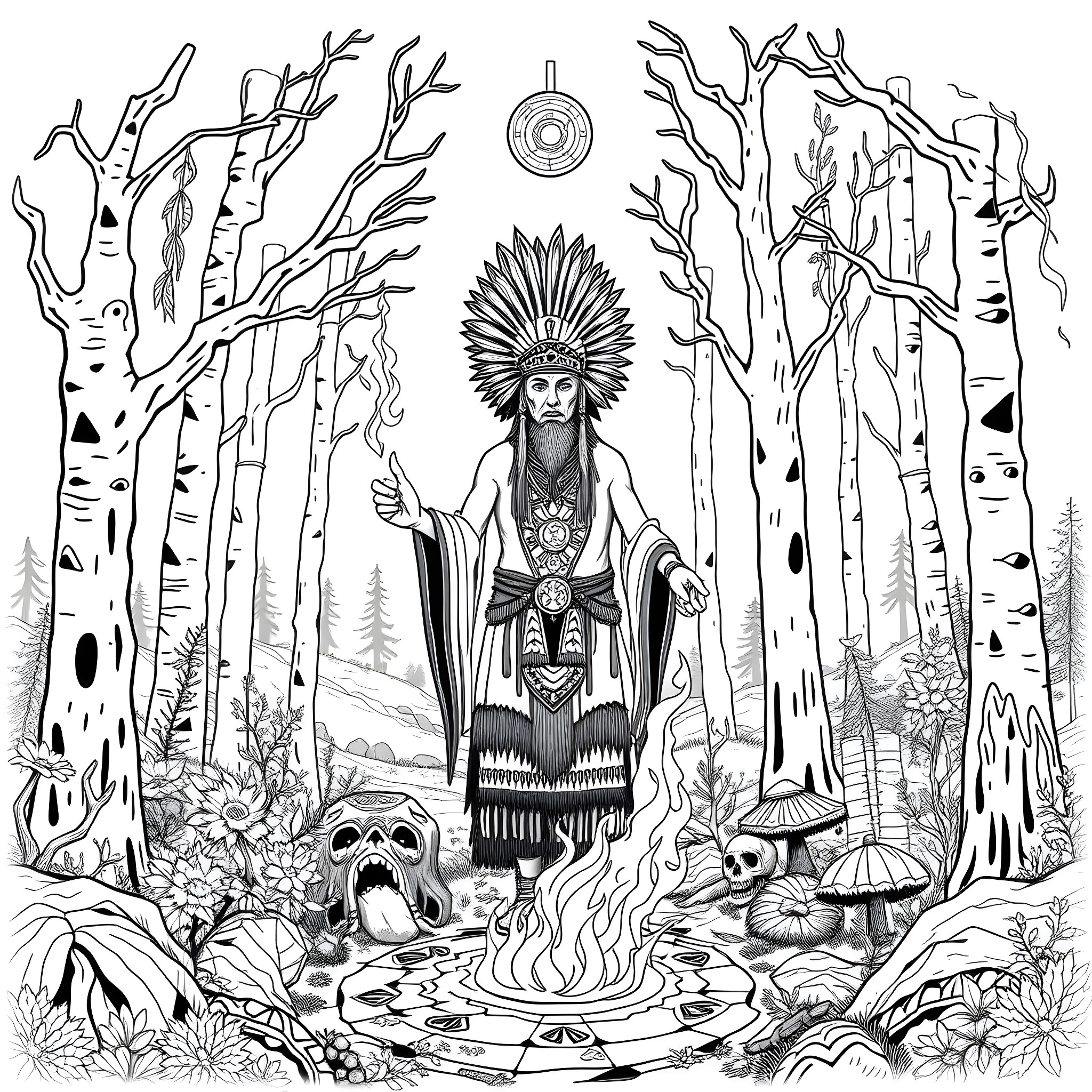 Shaman performing ritual in mystical forest Coloring Page (free black-and-white line drawing printable PDF for all, from beginners to advanced learners, including children, teens, adults, and seniors)