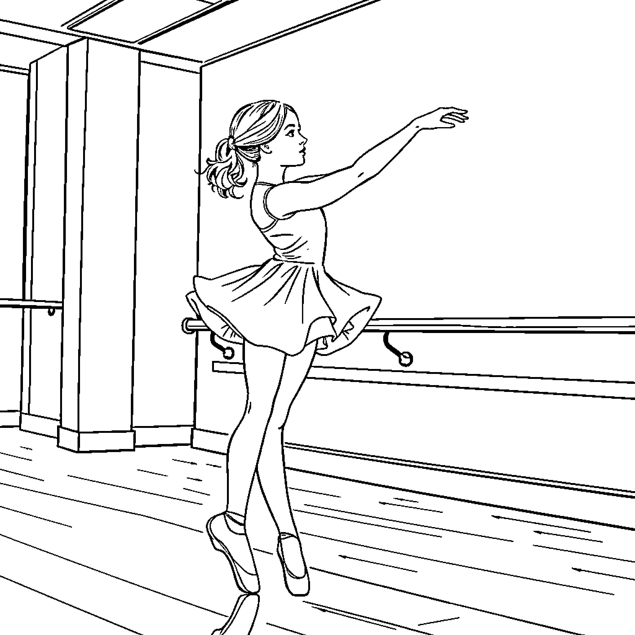 Daughter dances gracefully on stage Coloring Page (free black-and-white line drawing printable PDF for all, from beginners to advanced learners, including children, teens, adults, and seniors)
