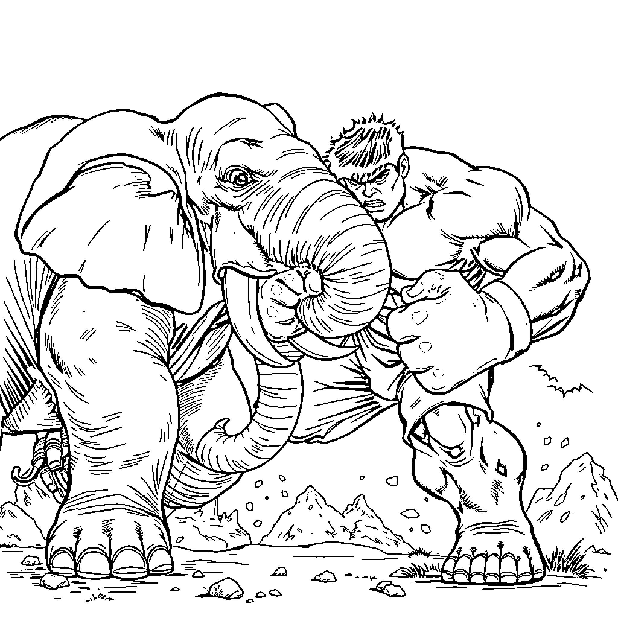 Hulk battling against giant elephant in rugged terrain Coloring Page (free black-and-white line drawing printable PDF for all, from beginners to advanced learners, including children, teens, adults, and seniors)