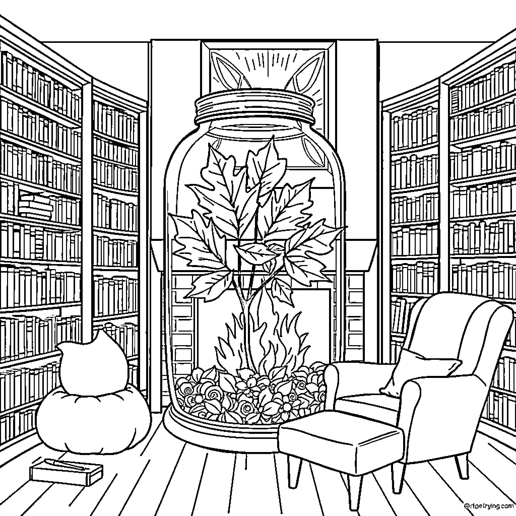 Jar of Fall Leaves in Cozy Library Coloring Page (free black-and-white line drawing printable PDF for all, from beginners to advanced learners, including children, teens, adults, and seniors)