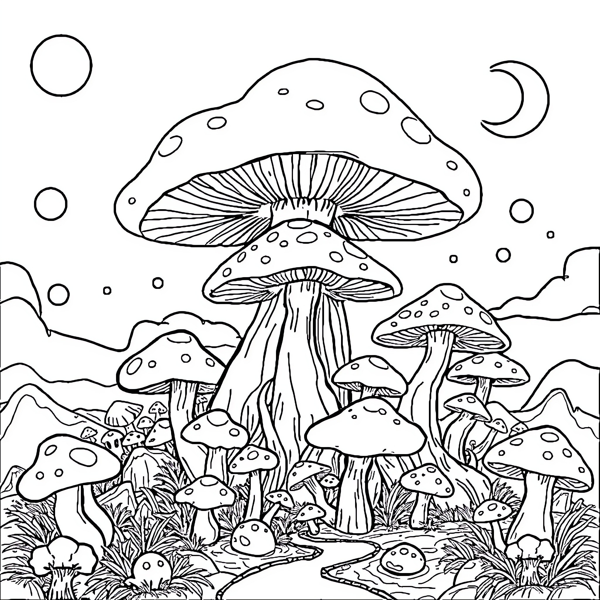 Mushroom fantasy scene with celestial elements Coloring Page (free black-and-white line drawing printable PDF for all, from beginners to advanced learners, including children, teens, adults, and seniors)