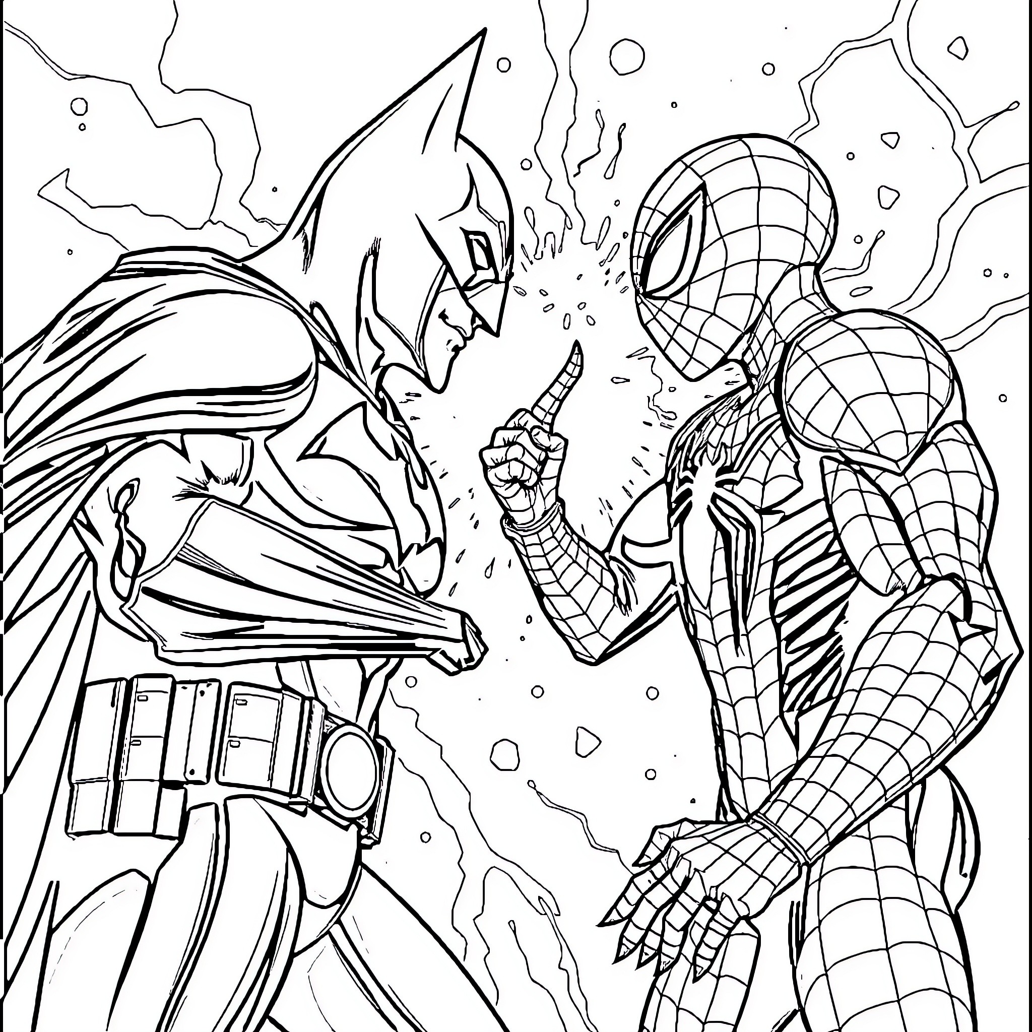Batman and Spider-Man epic battle scene Coloring Page (free black-and-white line drawing printable PDF for all, from beginners to advanced learners, including children, teens, adults, and seniors)
