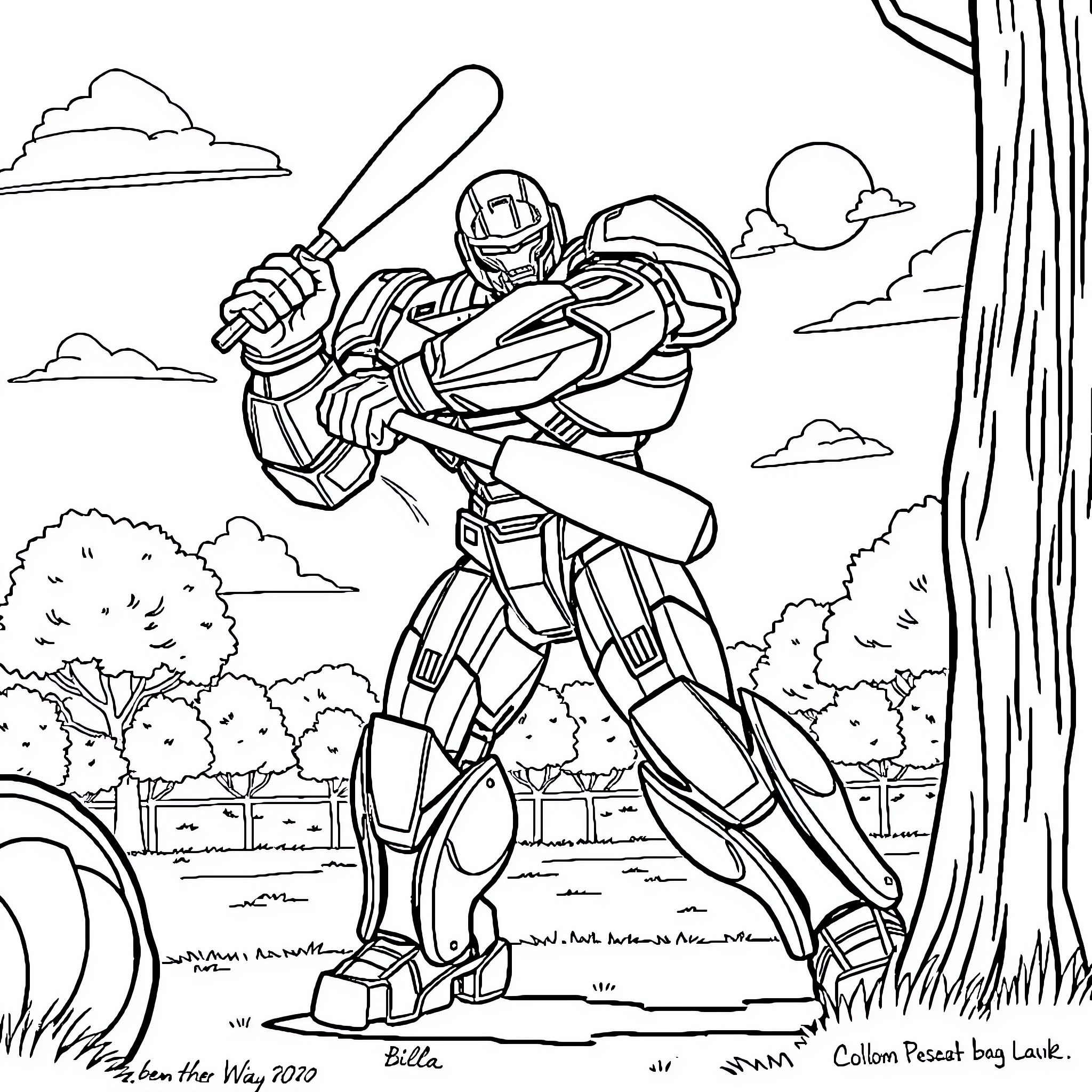 Hulkbuster robot wielding a battle-ready stance in the forest Coloring Page (free black-and-white line drawing printable PDF for all, from beginners to advanced learners, including children, teens, adults, and seniors)