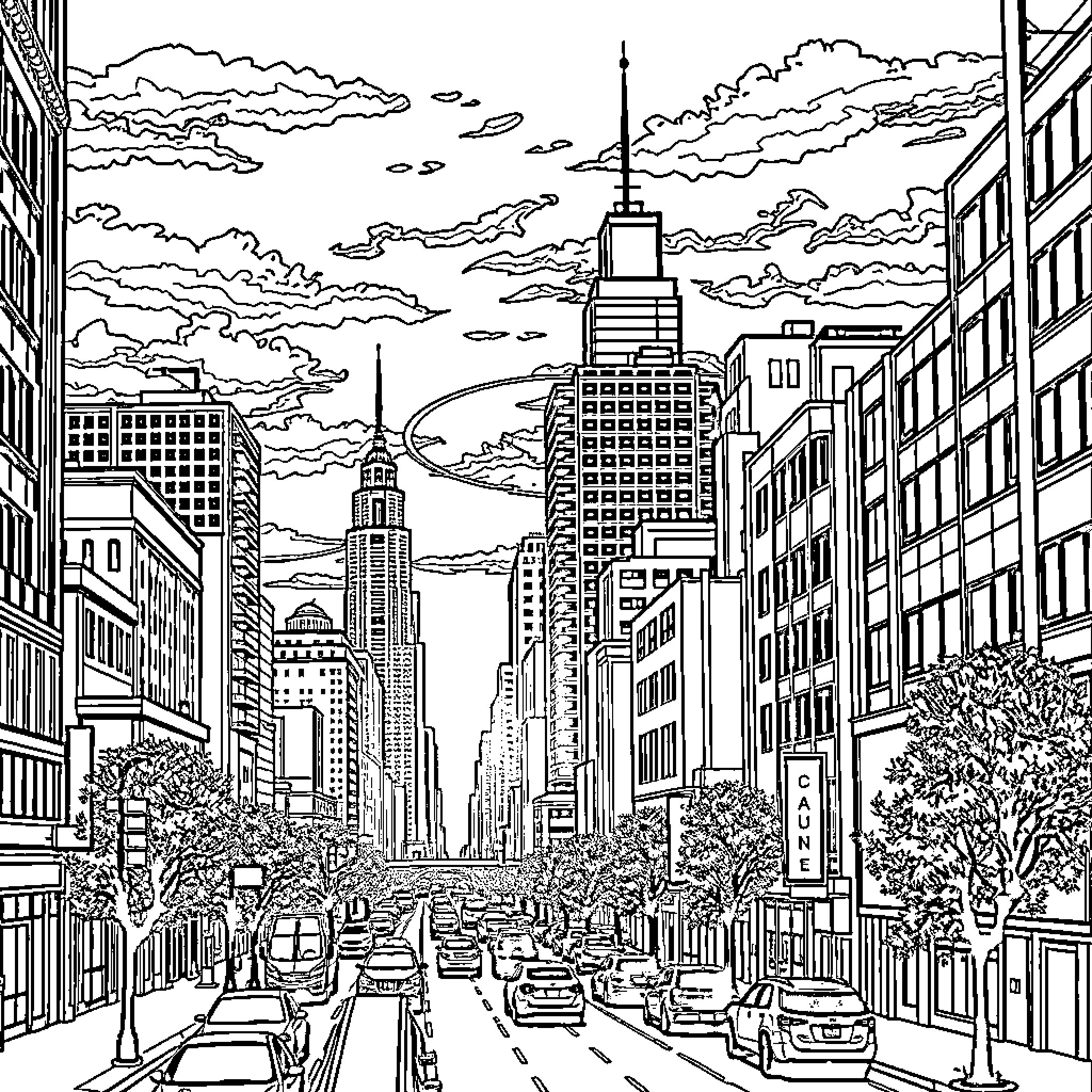 Downtown city skyline with bustling streets Coloring Page (free black-and-white line drawing printable PDF for all, from beginners to advanced learners, including children, teens, adults, and seniors)