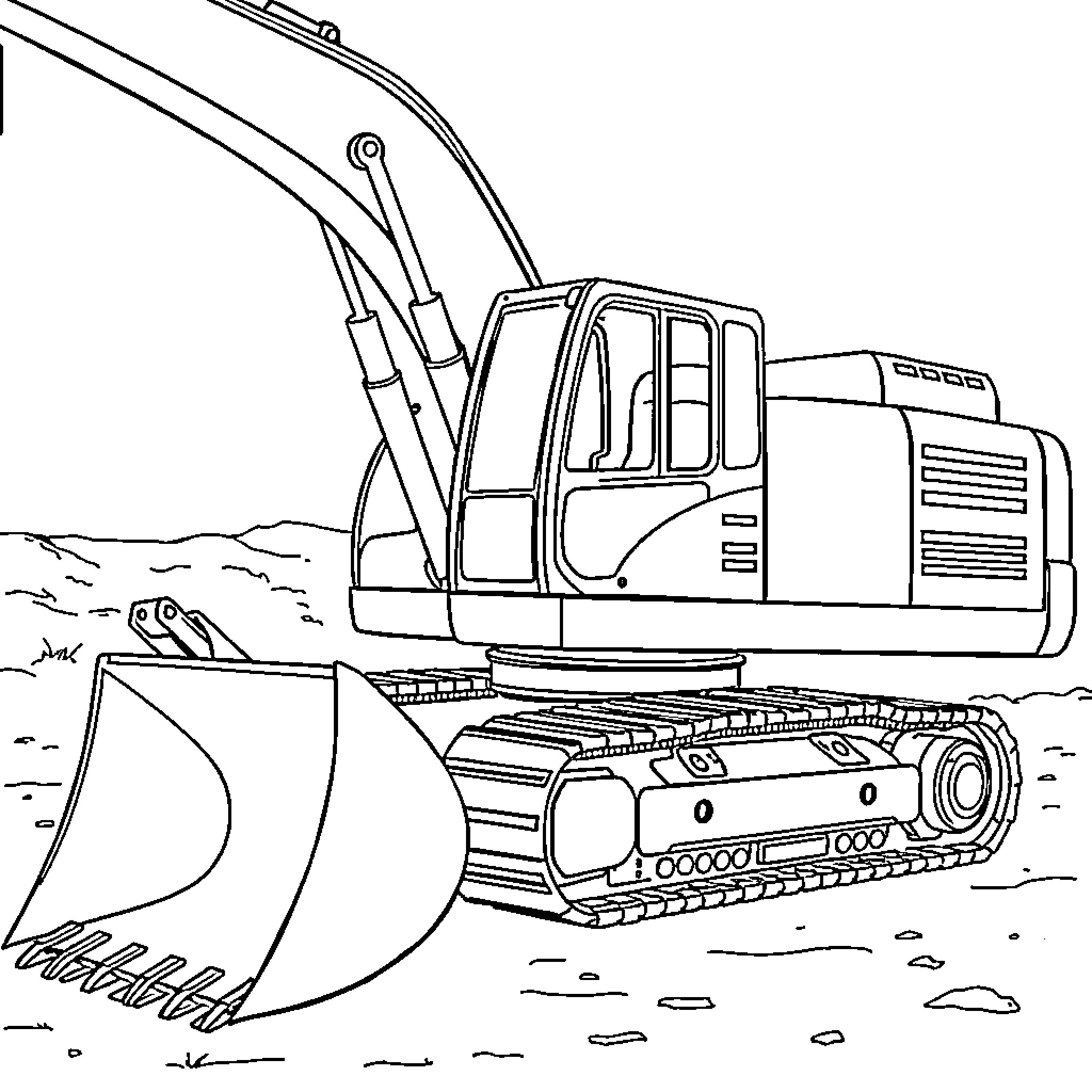 Excavator operating heavy machinery on construction site Coloring Page (free black-and-white line drawing printable PDF for all, from beginners to advanced learners, including children, teens, adults, and seniors)