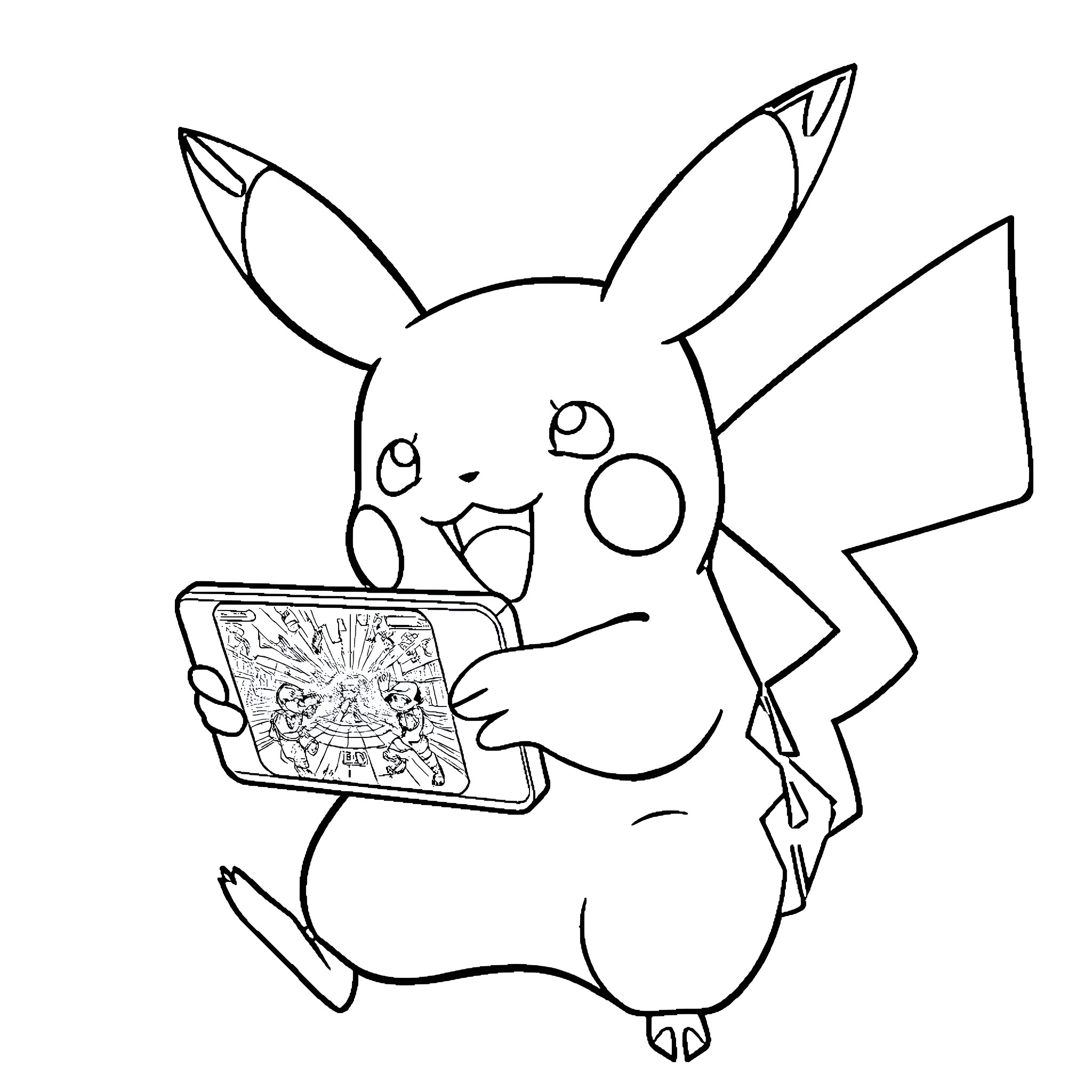 Pikachu playing with mobile device Coloring Page (free black-and-white line drawing printable PDF for all, from beginners to advanced learners, including children, teens, adults, and seniors)