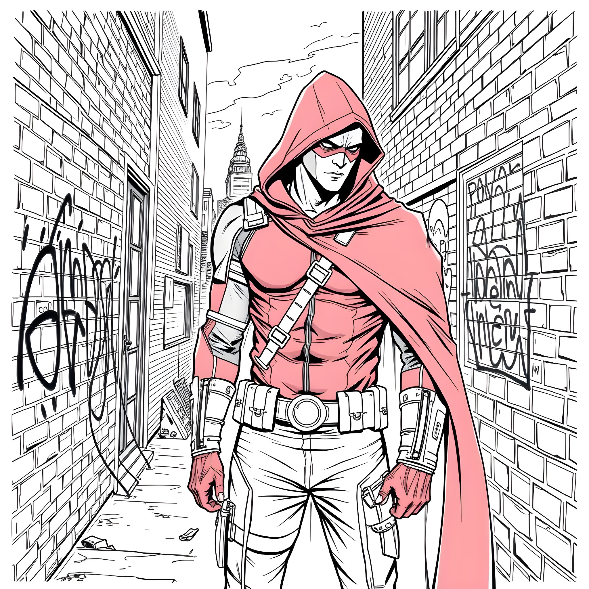 Red Hood Vigilante in Gritty Urban Setting Coloring Page (free black-and-white line drawing printable PDF for all, from beginners to advanced learners, including children, teens, adults, and seniors)