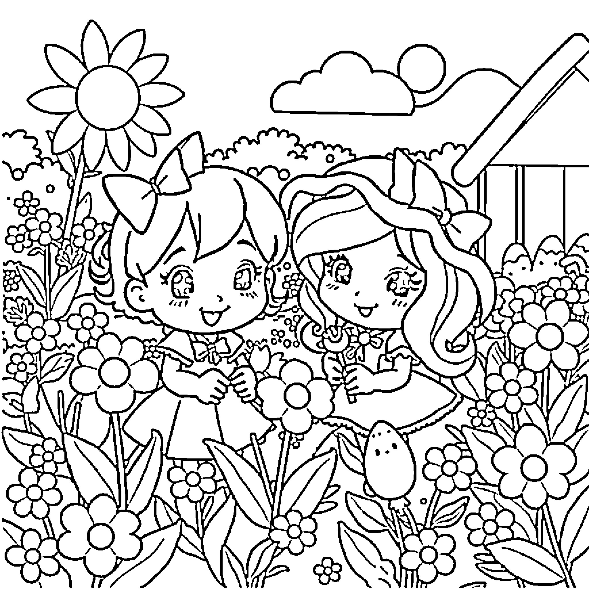 Kuromi and friends exploring a whimsical floral scene Coloring Page (free black-and-white line drawing printable PDF for all, from beginners to advanced learners, including children, teens, adults, and seniors)