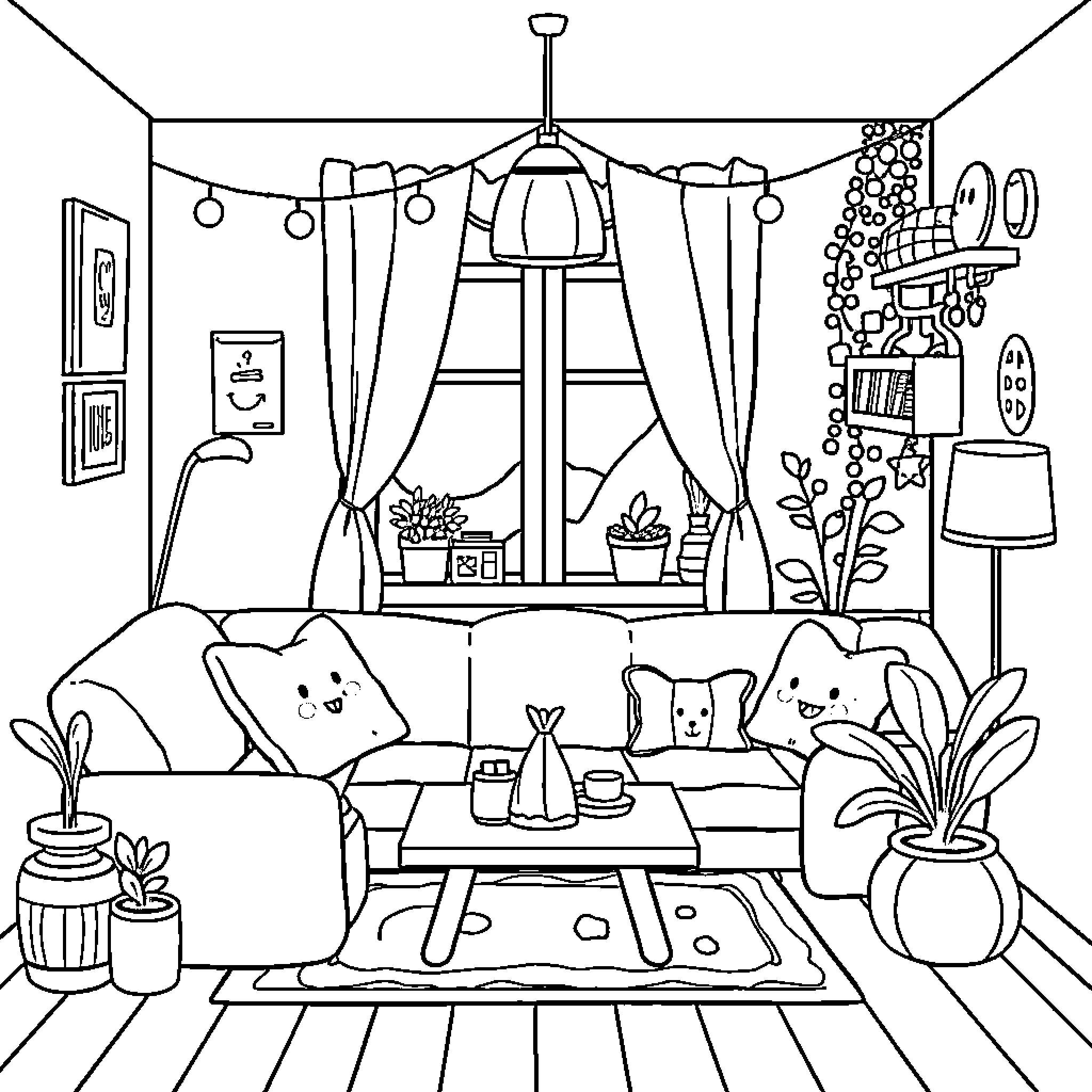Home Comfort and Cozy Decor Coloring Page (free black-and-white line drawing printable PDF for all, from beginners to advanced learners, including children, teens, adults, and seniors)