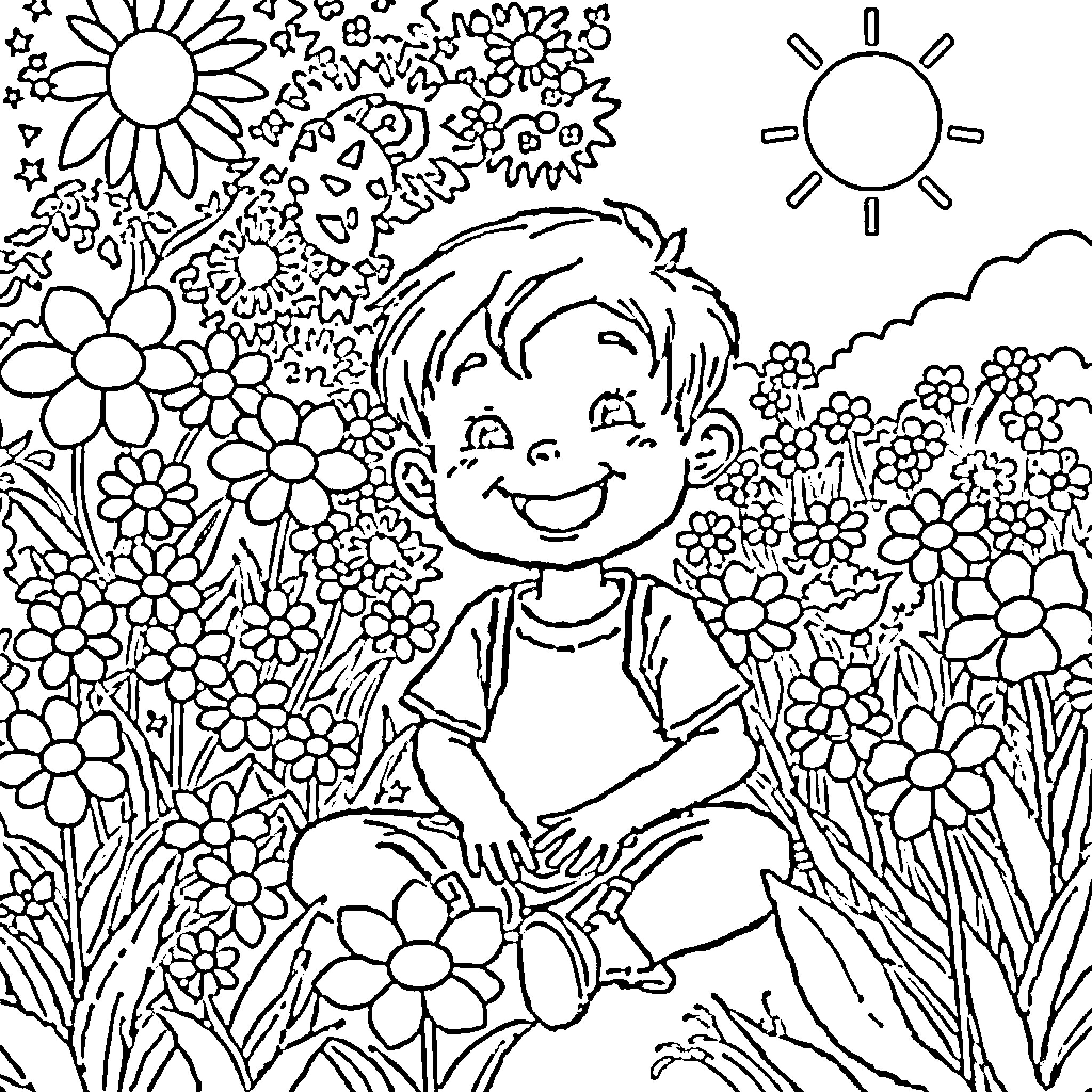 Boy joyfully playing in a vibrant flower garden Coloring Page (free black-and-white line drawing printable PDF for all, from beginners to advanced learners, including children, teens, adults, and seniors)