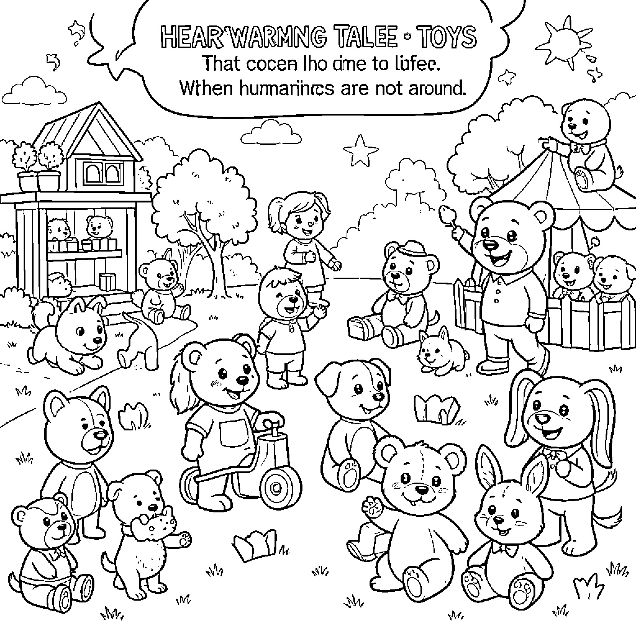 Toy animals coming to life and playing together Coloring Page (free black-and-white line drawing printable PDF for all, from beginners to advanced learners, including children, teens, adults, and seniors)