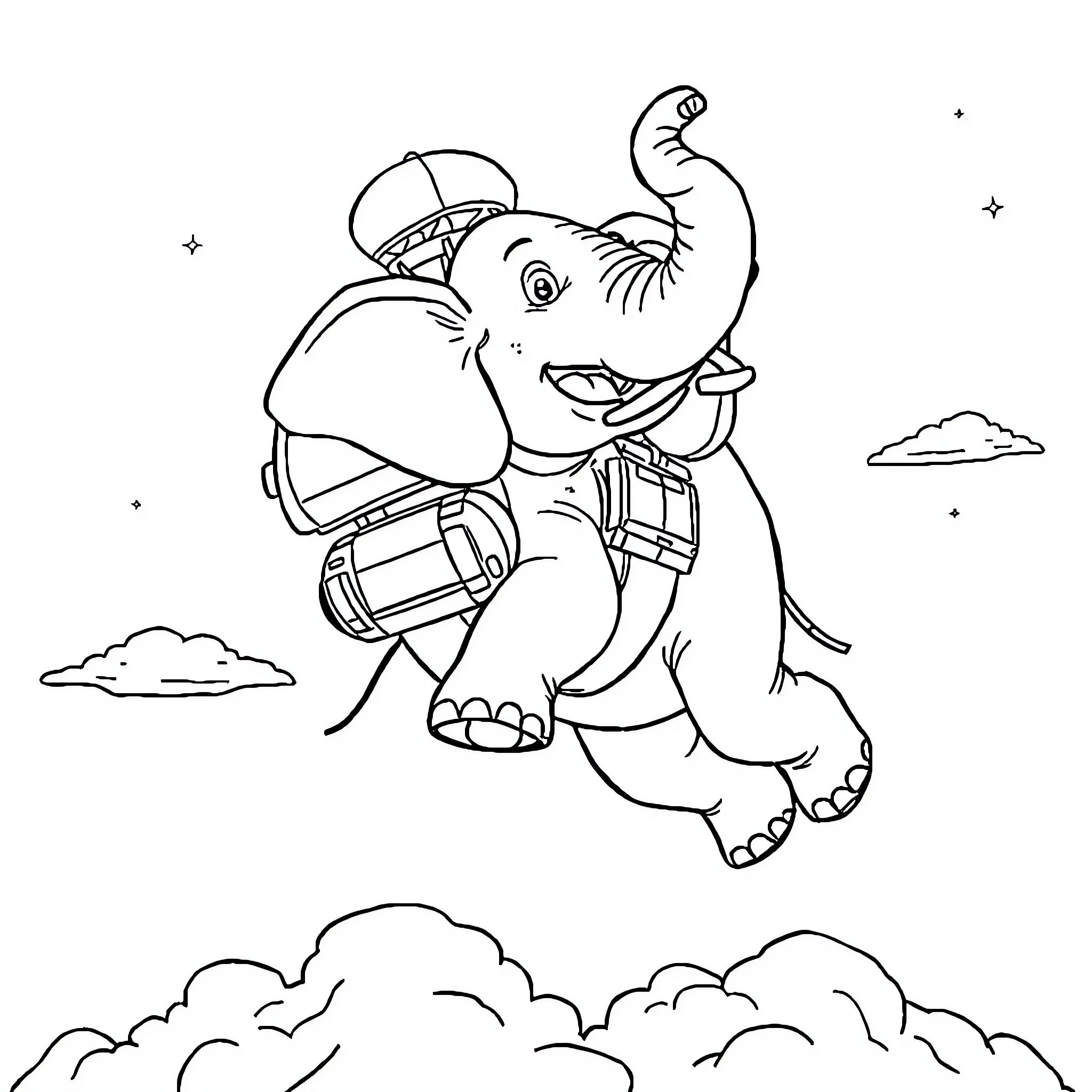 Elephant hiking in the clouds Coloring Page (free black-and-white line drawing printable PDF for all, from beginners to advanced learners, including children, teens, adults, and seniors)