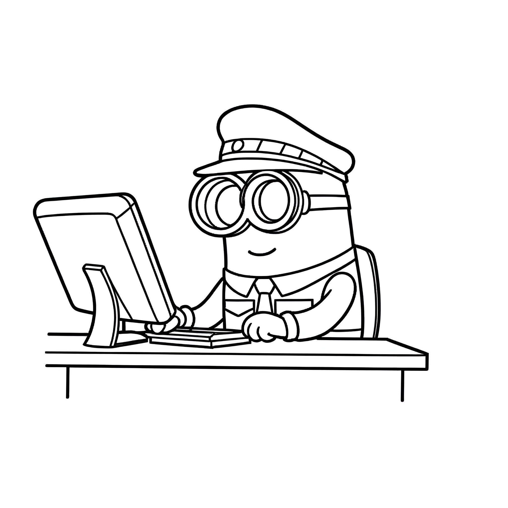 Minion working diligently at computer Coloring Page (free black-and-white line drawing printable PDF for all, from beginners to advanced learners, including children, teens, adults, and seniors)
