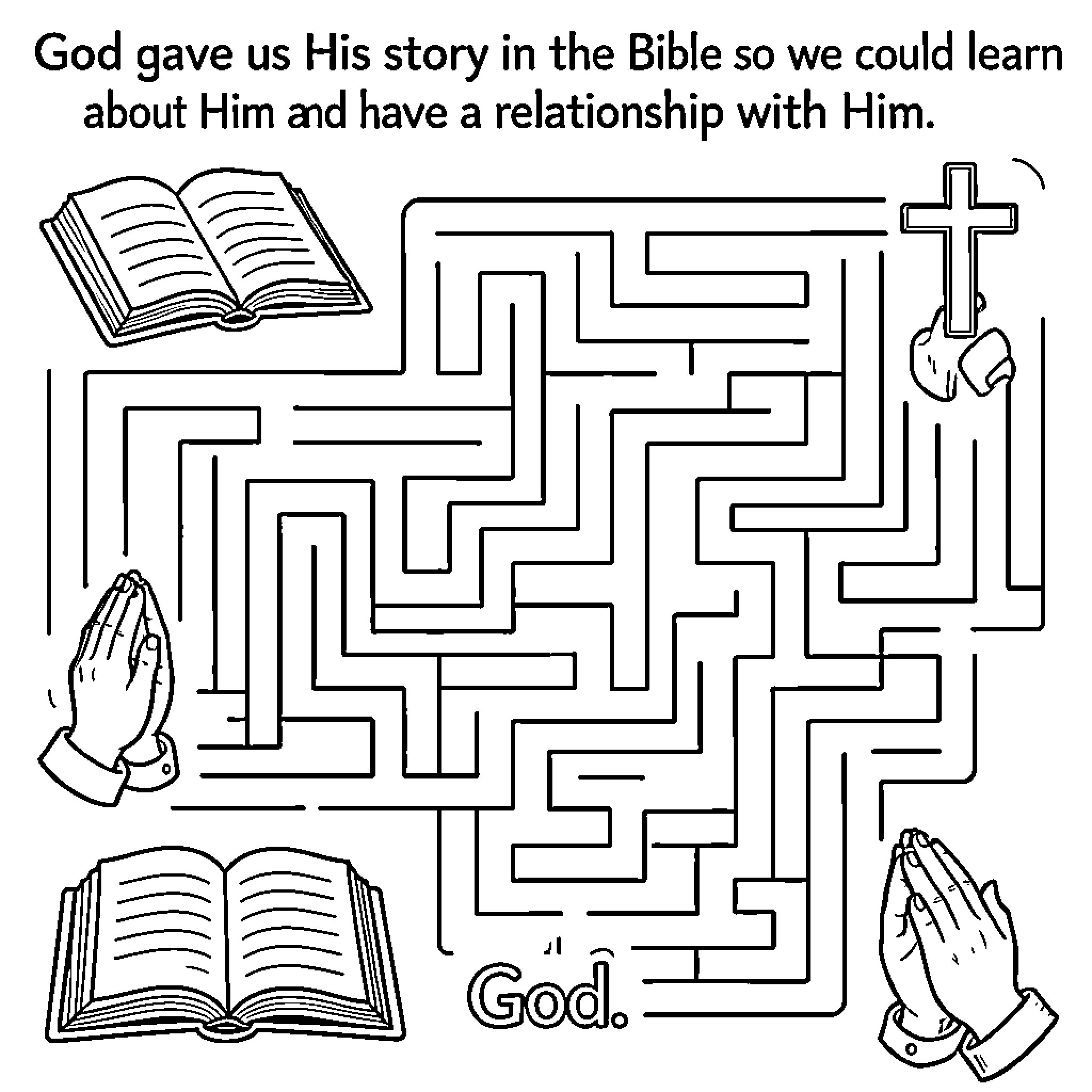 Bible study with prayer and a cross maze Coloring Page (free black-and-white line drawing printable PDF for all, from beginners to advanced learners, including children, teens, adults, and seniors)