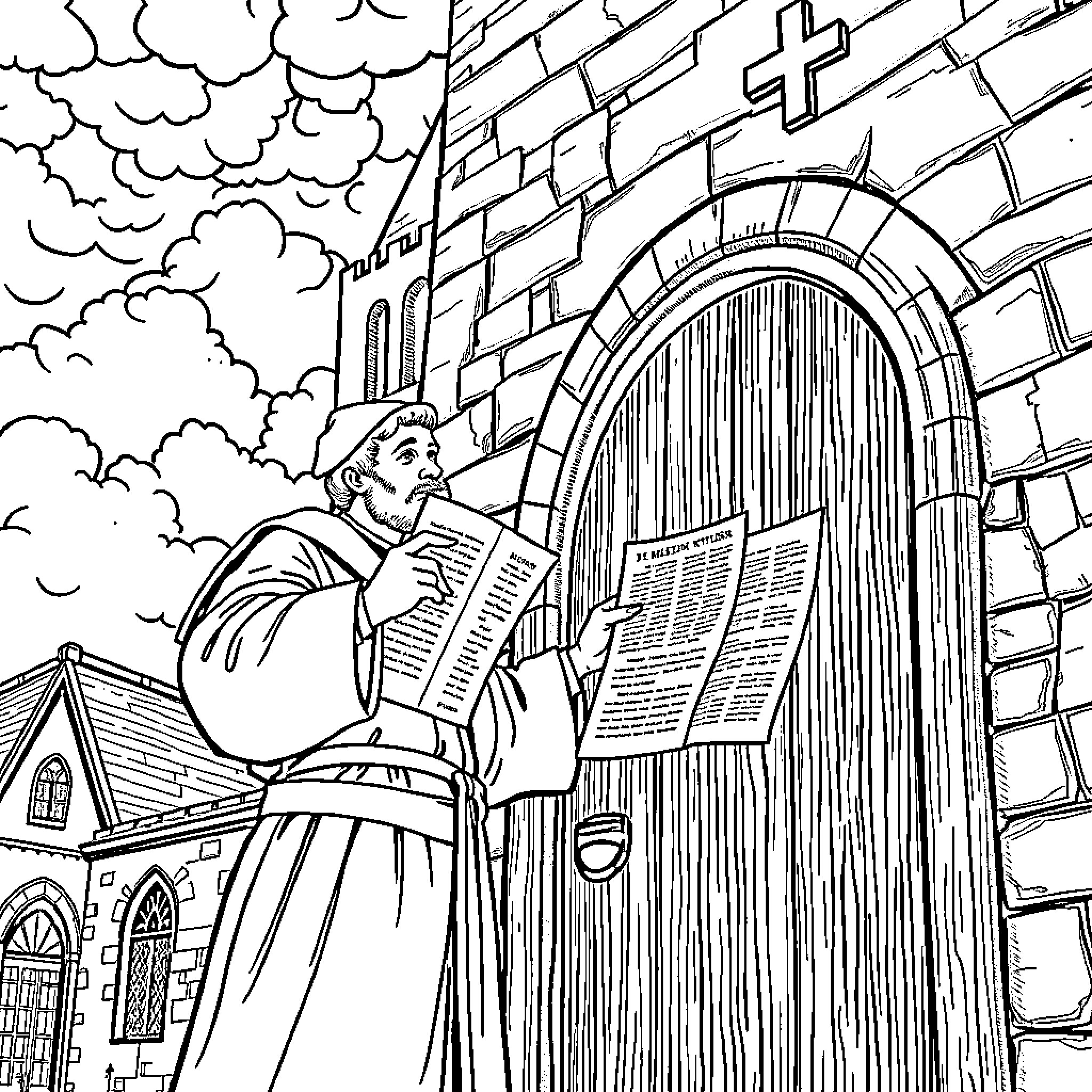 Martin Luther preaching from the church doorway Coloring Page (free black-and-white line drawing printable PDF for all, from beginners to advanced learners, including children, teens, adults, and seniors)