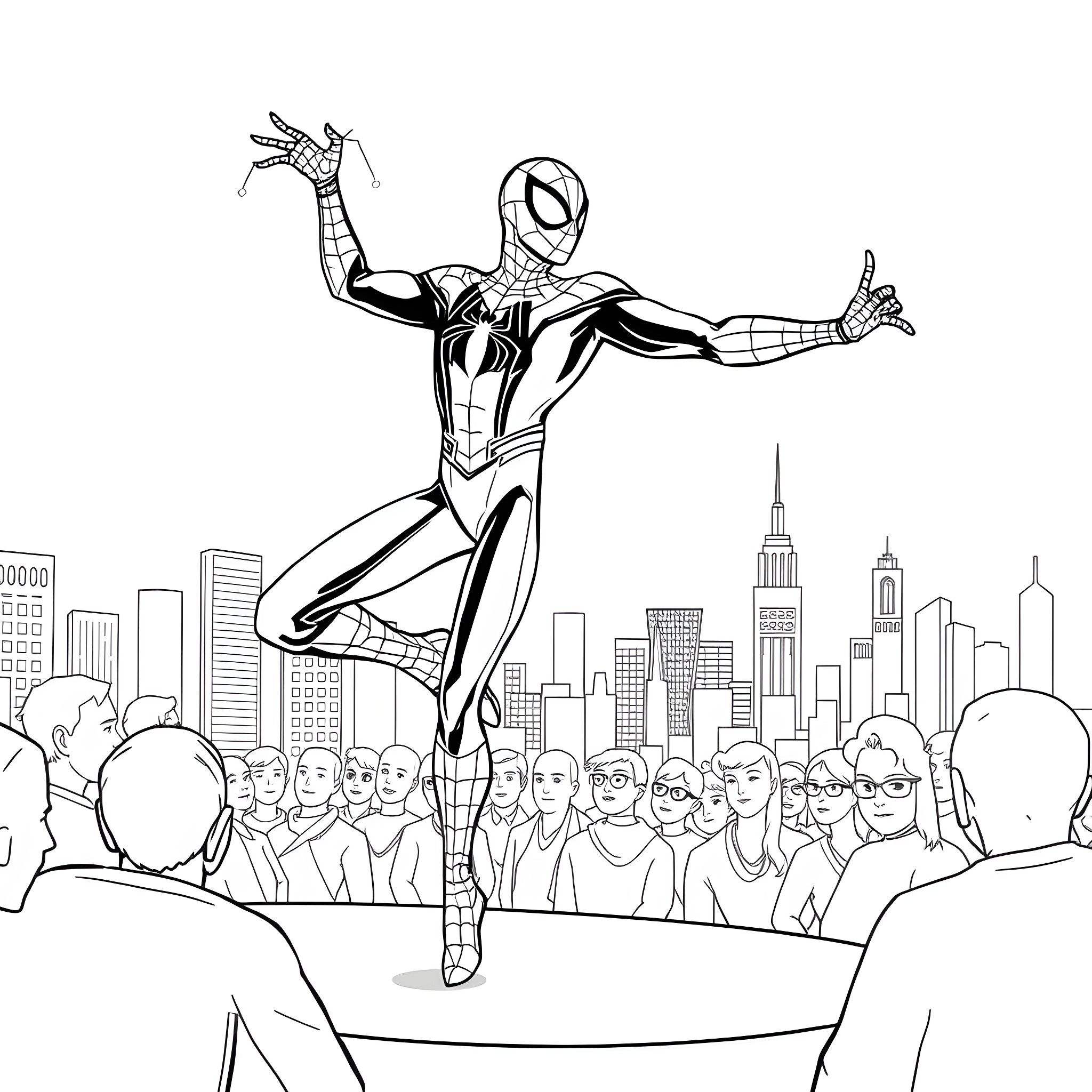 Spiderman swinging in the city above a crowd Coloring Page (free black-and-white line drawing printable PDF for all, from beginners to advanced learners, including children, teens, adults, and seniors)