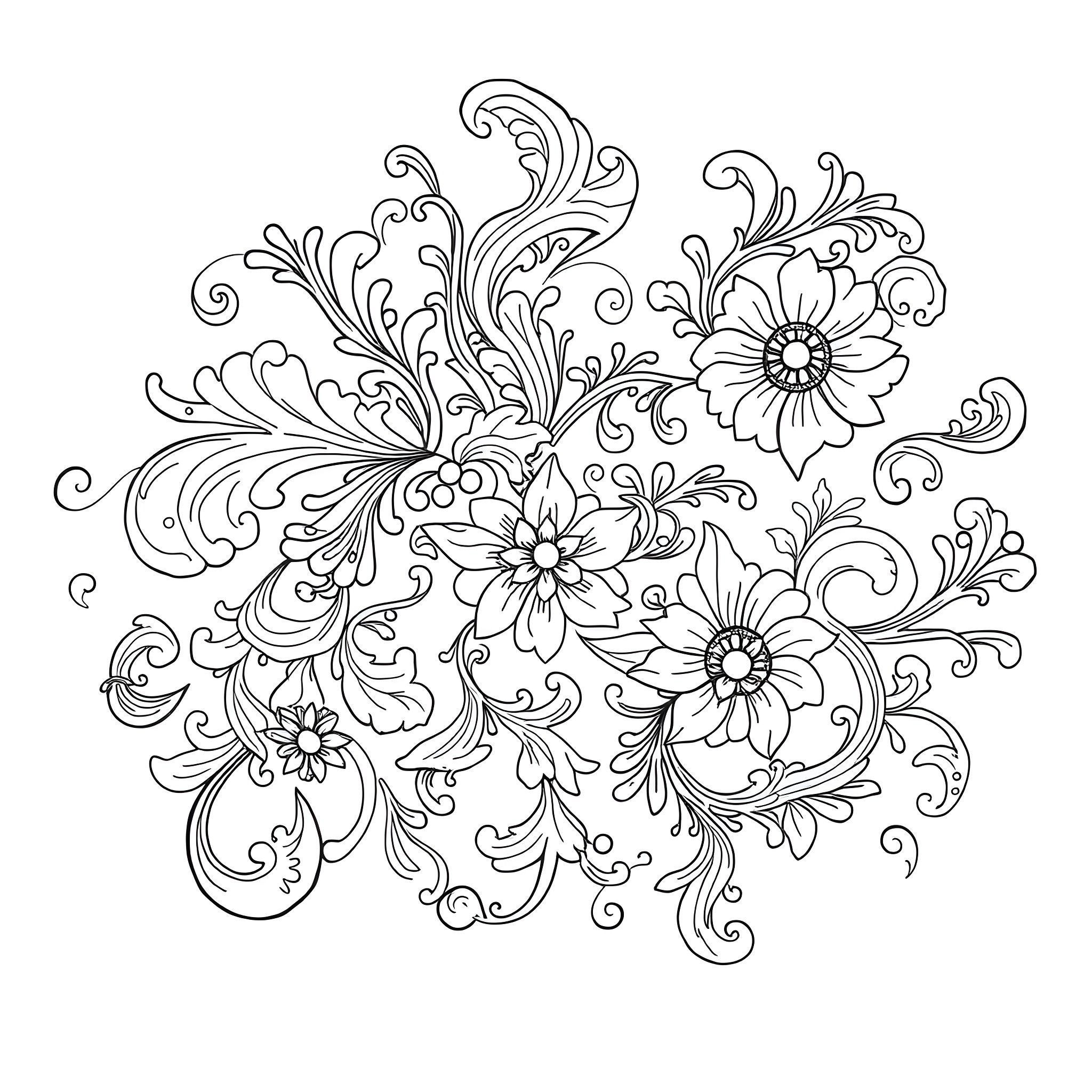 Paisley floral arrangement with intricate details Coloring Page (free black-and-white line drawing printable PDF for all, from beginners to advanced learners, including children, teens, adults, and seniors)