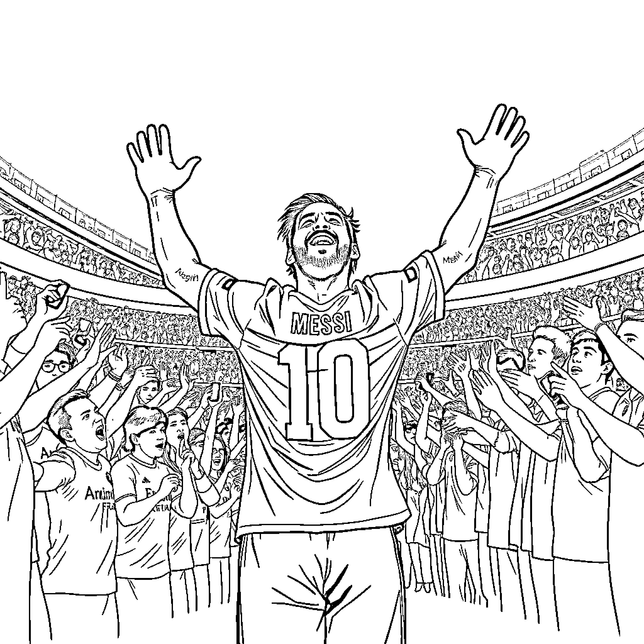 Messi Celebrating Victory with Fans in the Stadium Coloring Page (free black-and-white line drawing printable PDF for all, from beginners to advanced learners, including children, teens, adults, and seniors)