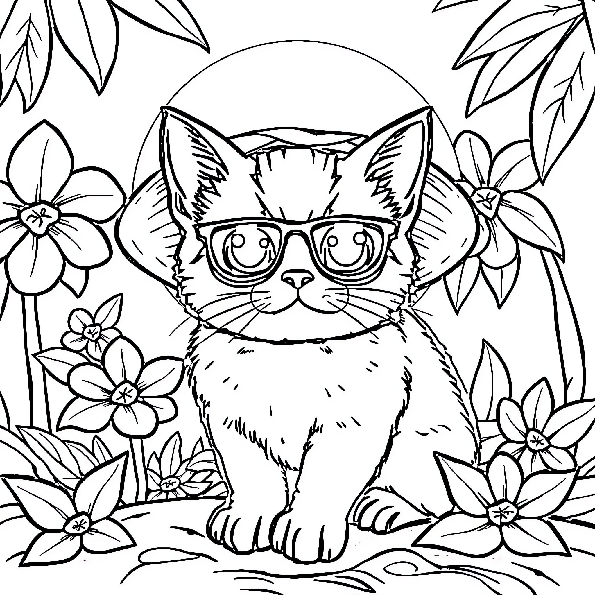 Kucing wearing glasses in a floral garden Coloring Page (free black-and-white line drawing printable PDF for all, from beginners to advanced learners, including children, teens, adults, and seniors)