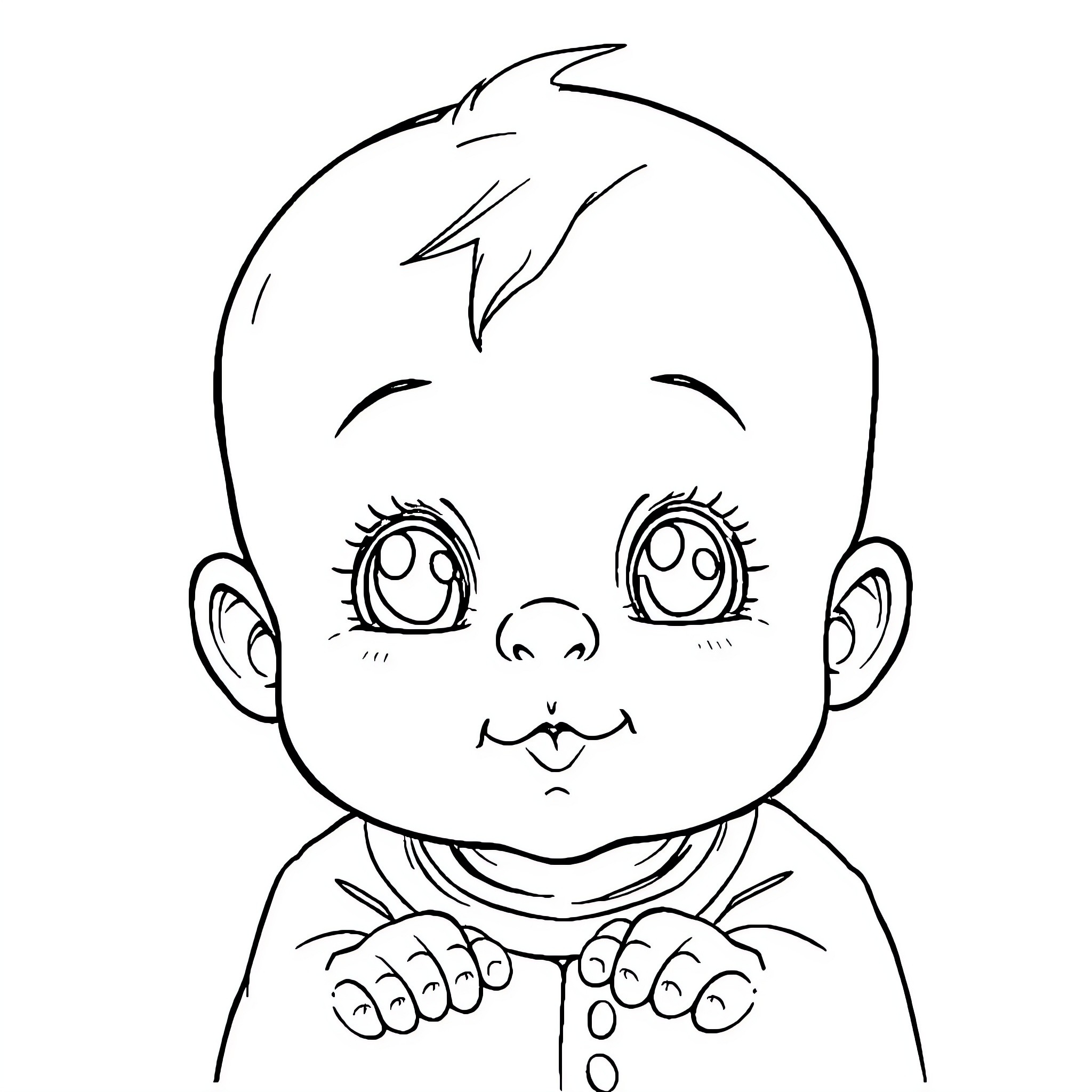 Baby with big eyes and happy expression Coloring Page (free black-and-white line drawing printable PDF for all, from beginners to advanced learners, including children, teens, adults, and seniors)